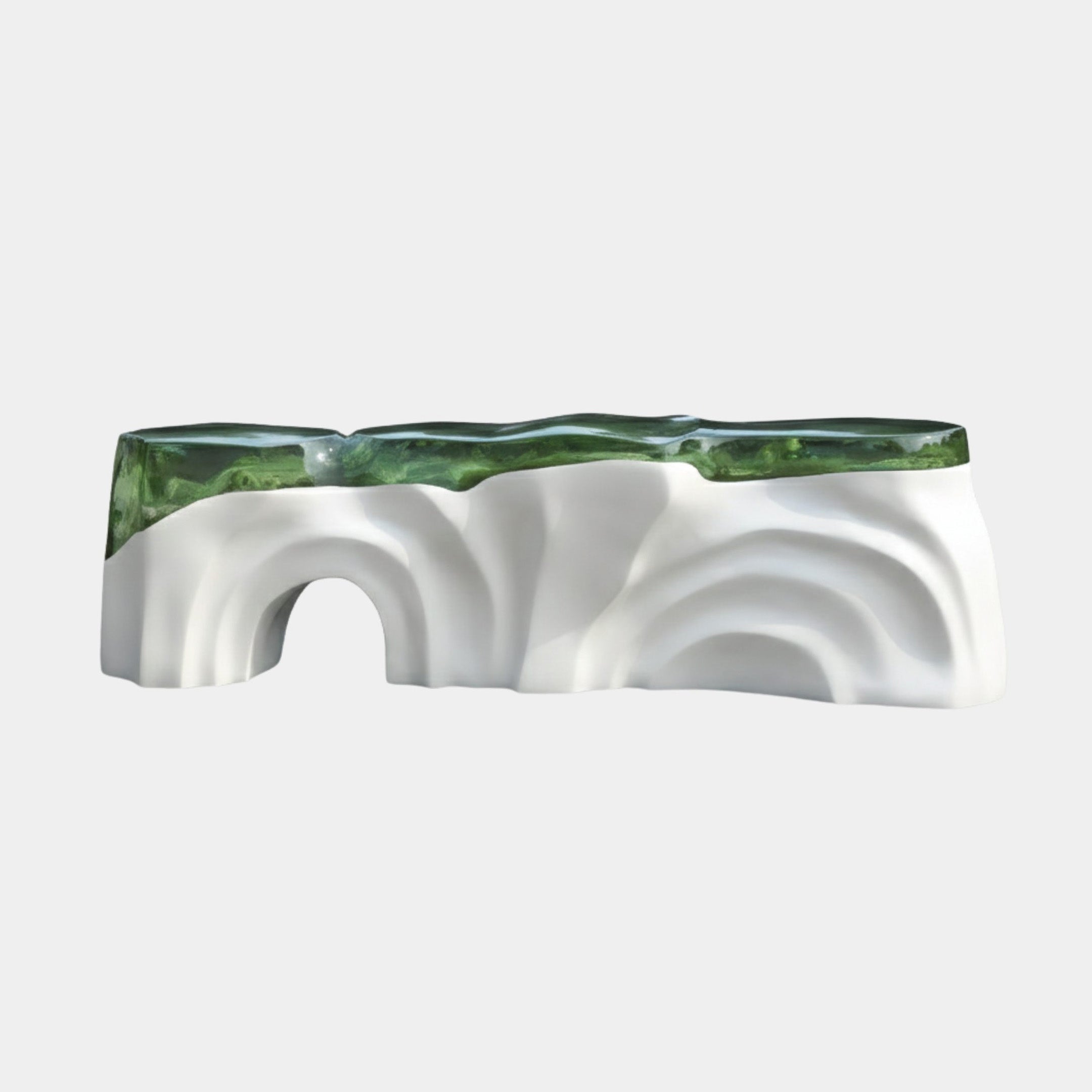 Giant Sculptures Teal Translucent Organic Wave Resin Bench 180cm with a sculpted white fibreglass arched base and flowing emerald resin top on a light background.