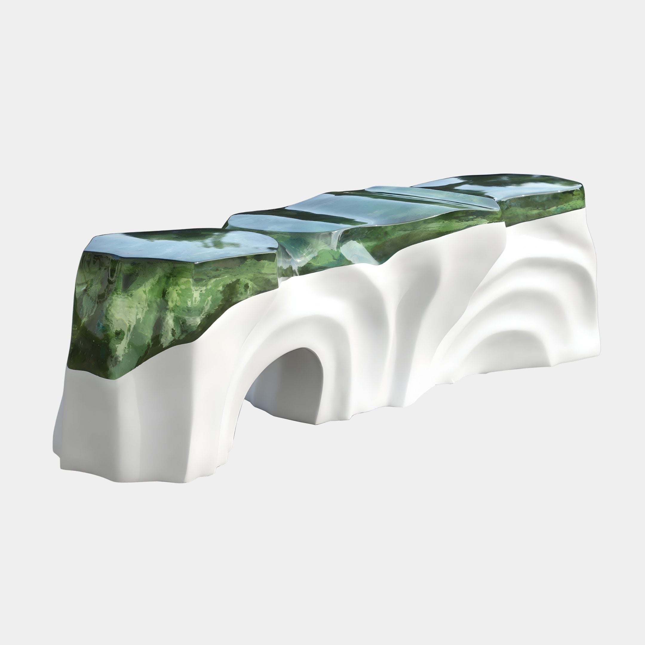 Giant Sculptures Teal Translucent Organic Wave Resin Bench 180cm with a flowing white fibreglass arched base and glossy green resin top on a white background.