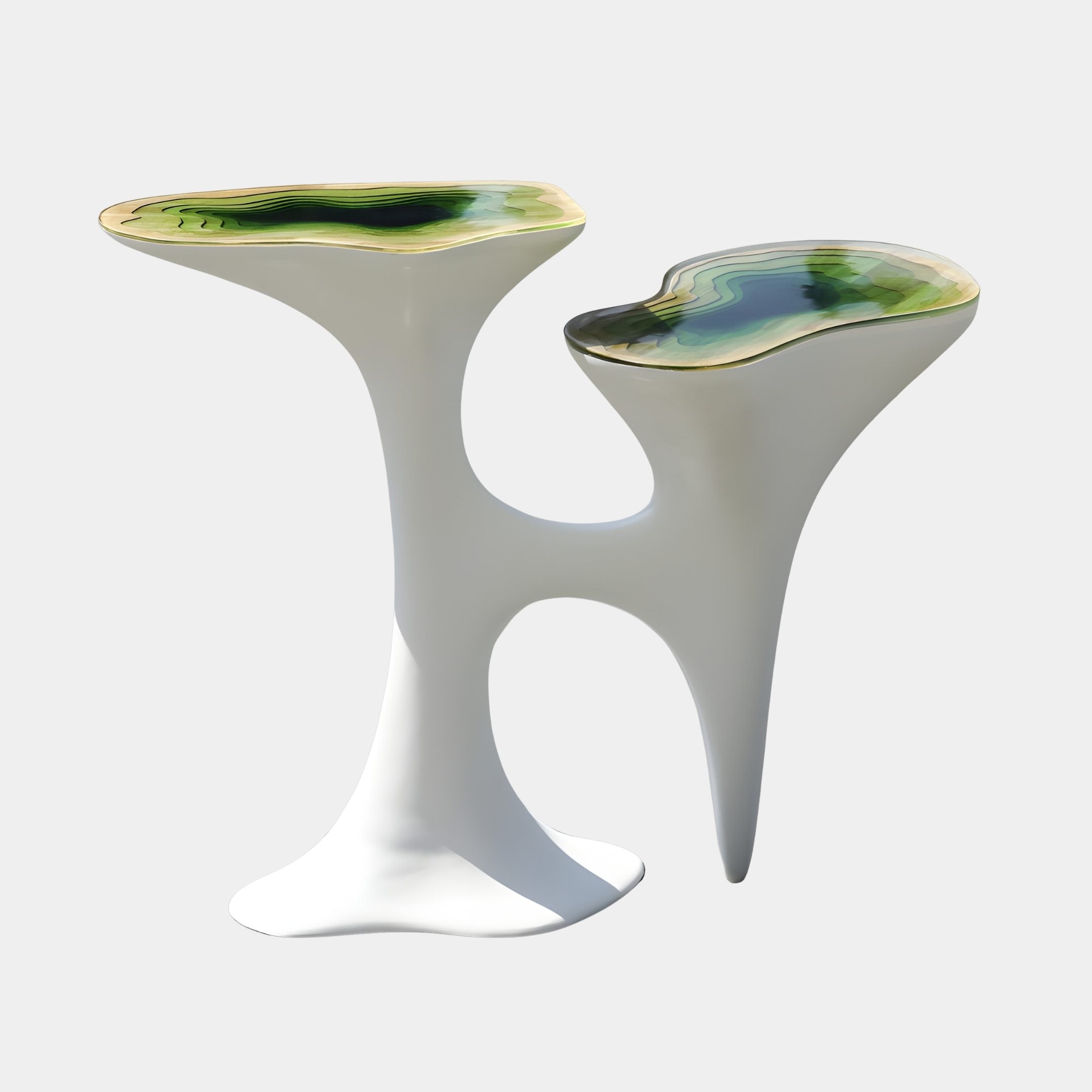 Pair of Giant Sculptures Green Top Resin Inset White Mushroom Organic Consoles with slender curved fibreglass stems and green-amber resin tops on a white background.
