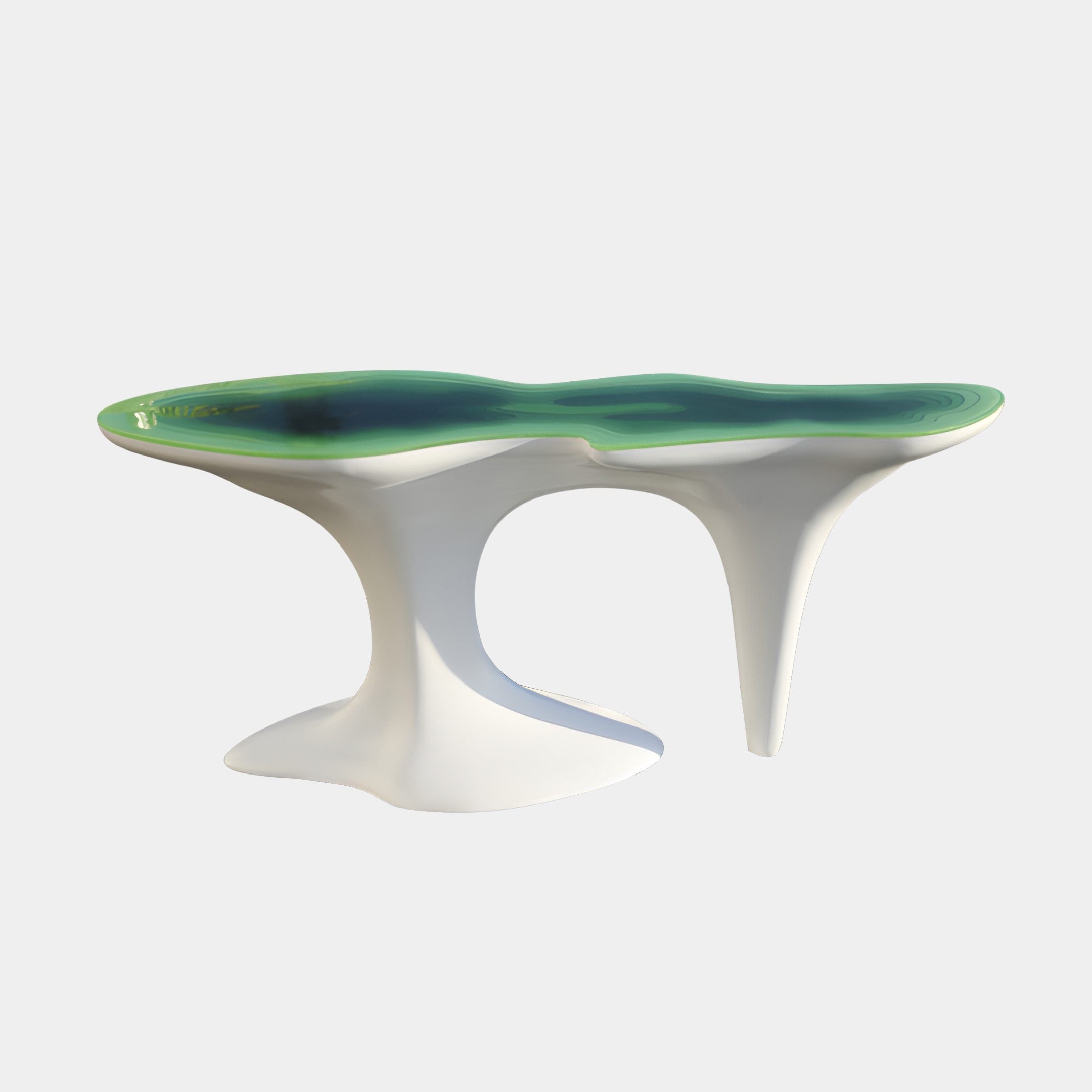Giant Sculptures Green Tiered Top Sculptural Base Resin Console 183cm with a glossy emerald resin top and flowing white organic fibreglass legs on a plain background.