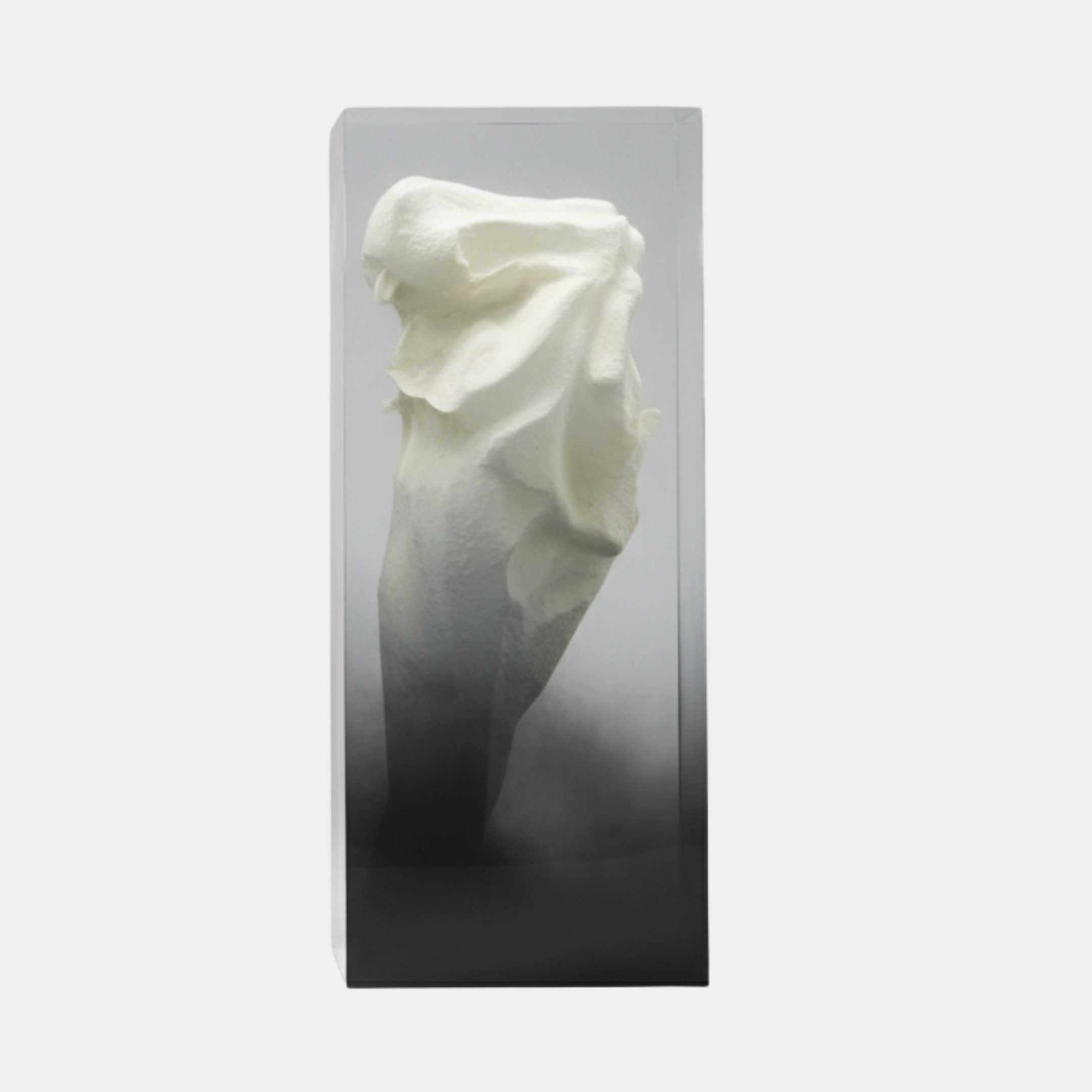 Frosted White Abstract Smoke Block Pillar Sculpture 85cm by Giant Sculptures, a flowing white fibreglass form set within a clear resin block with grey gradient base.