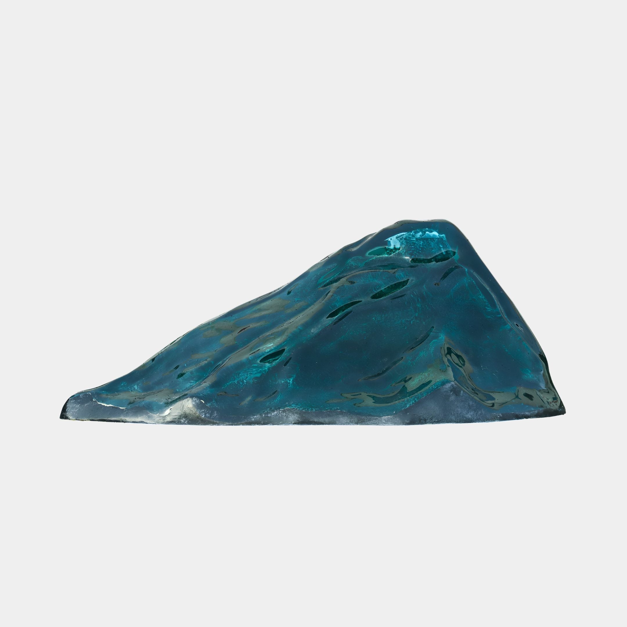 Teal Resin Abstract Mountain Peak Sculpture by Giant Sculptures, 87cm wide with rippled translucent teal-green surface, shown side-on against a plain white background.