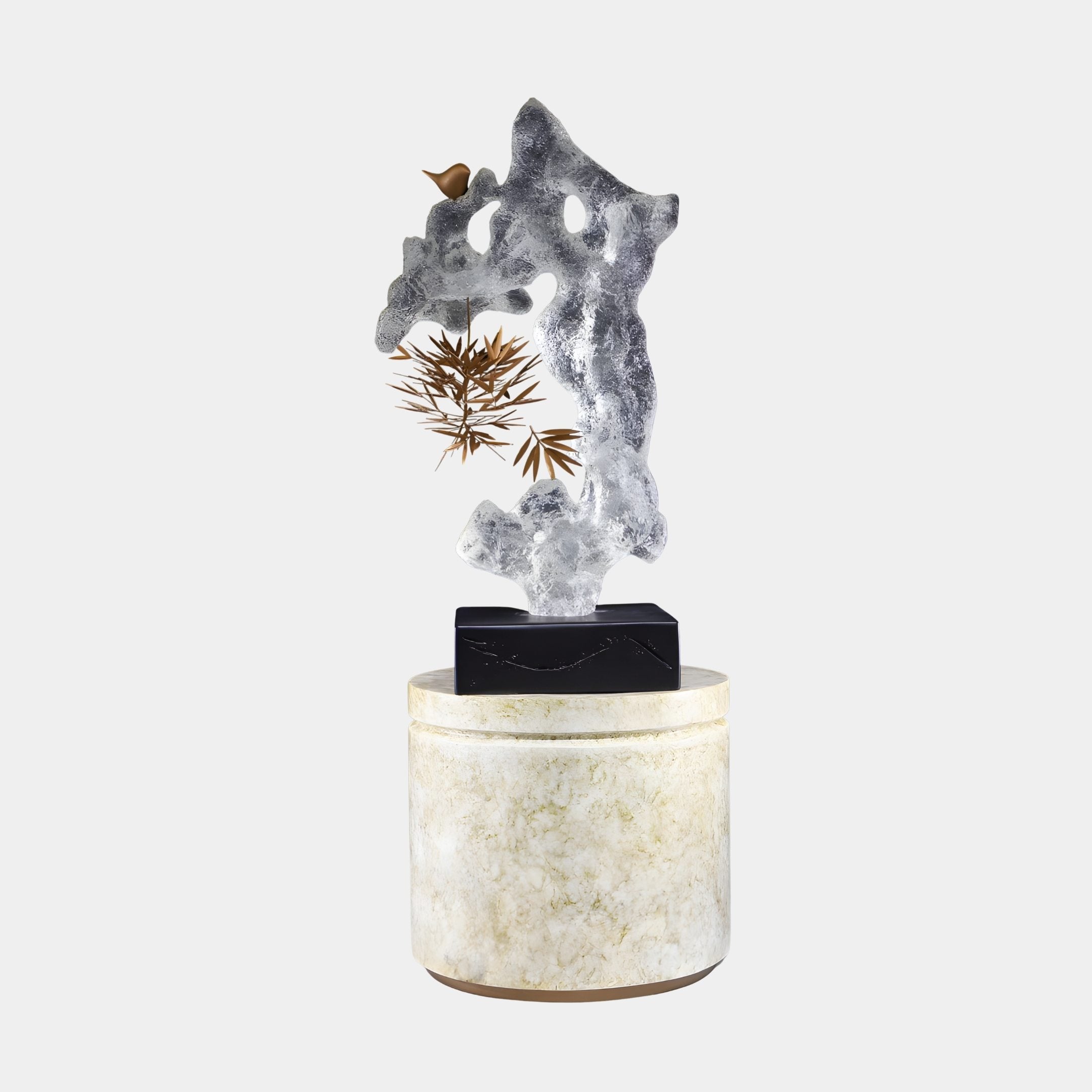 Textured Grey Peak & Golden Bamboo Bird Sculpture by Giant Sculptures, with craggy resin peak, golden bamboo and bird on a black and cream cylindrical base.
