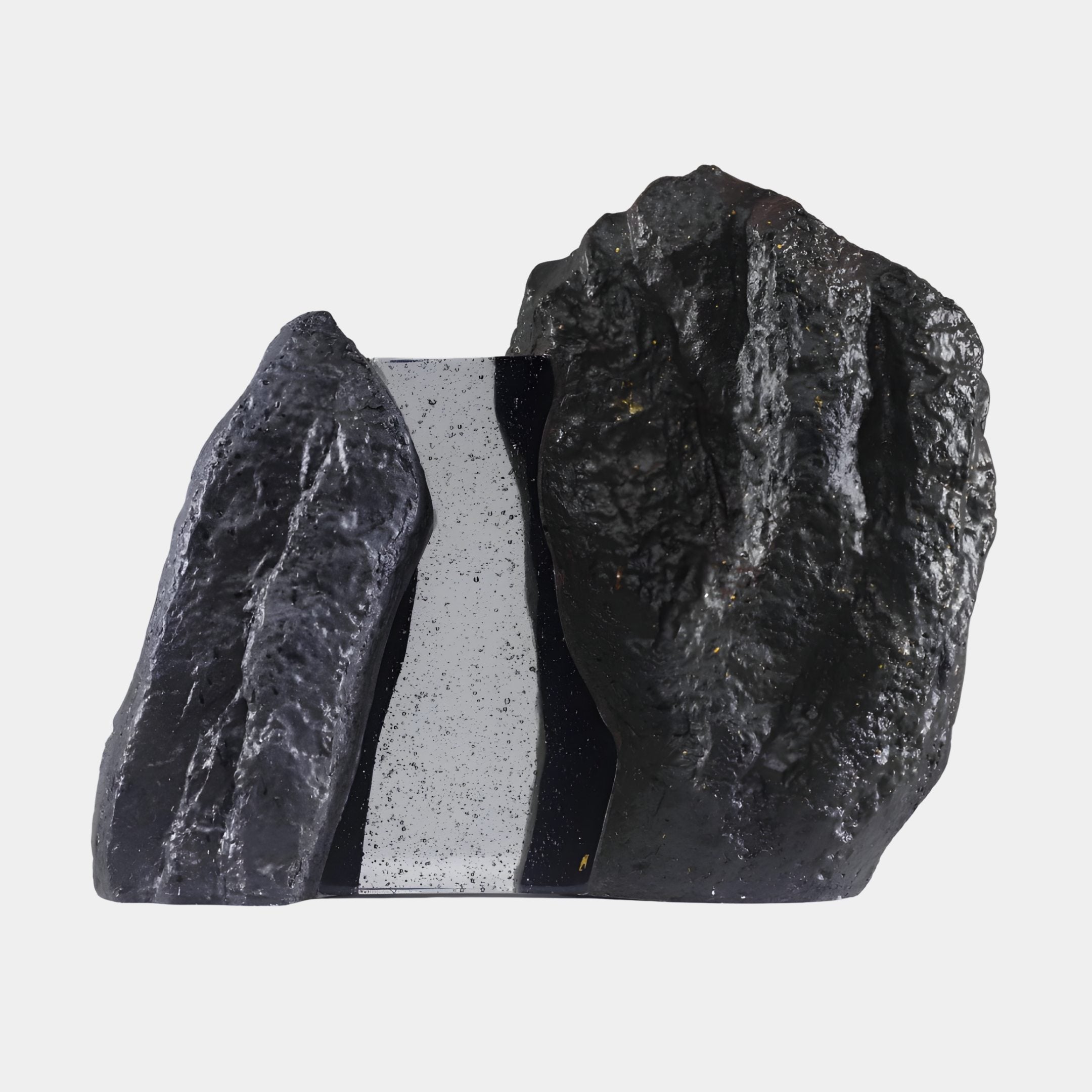 Black Rock Clear Inset Mountain Boulder Sculpture by Giant Sculptures, two textured dark boulders framing a pale stone-toned inset, shown on a plain background.