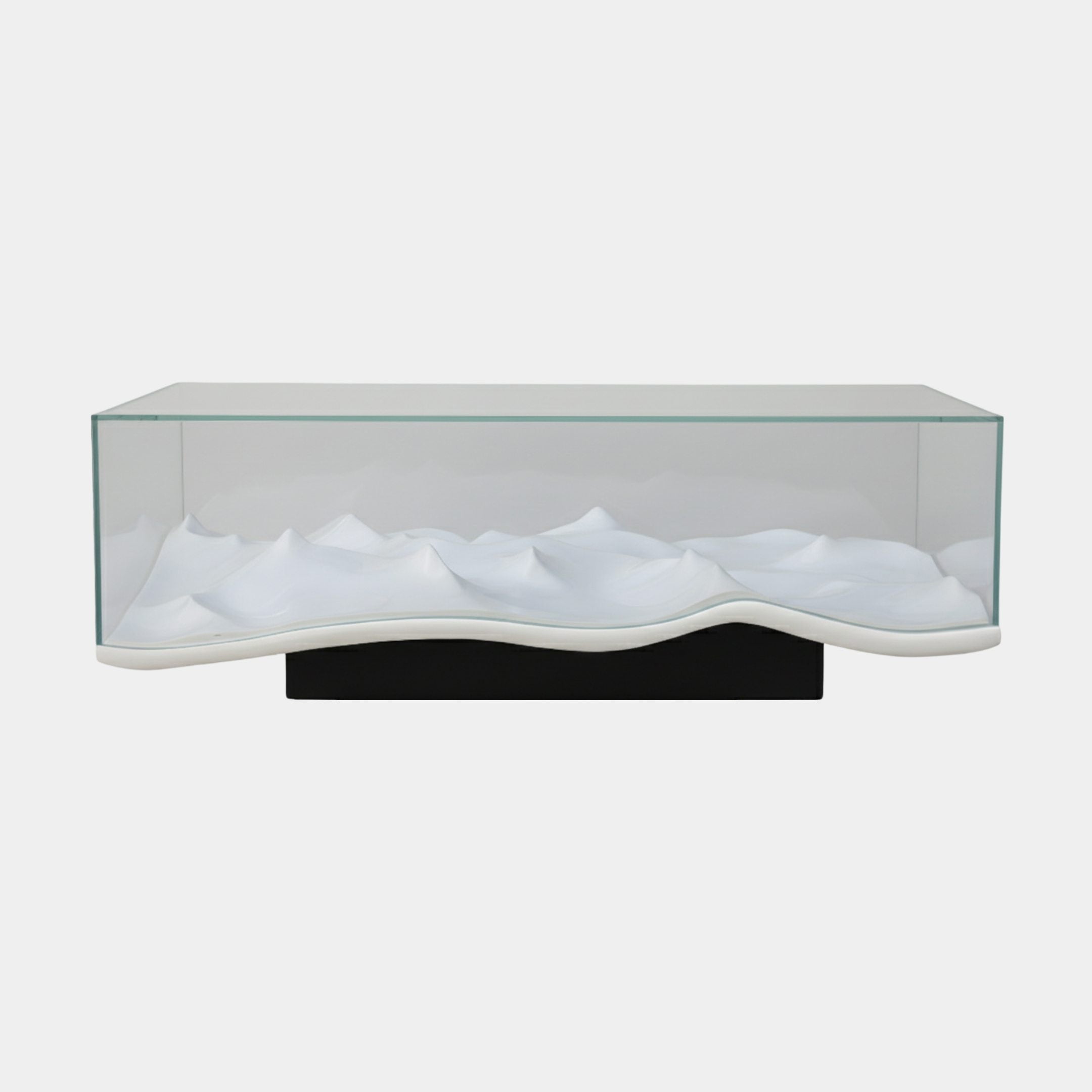 Giant Sculptures White Abstract Dune Enclosed Glass Display Console 120cm, sculpted white fibreglass dunes beneath a clear glass case on a dark base.