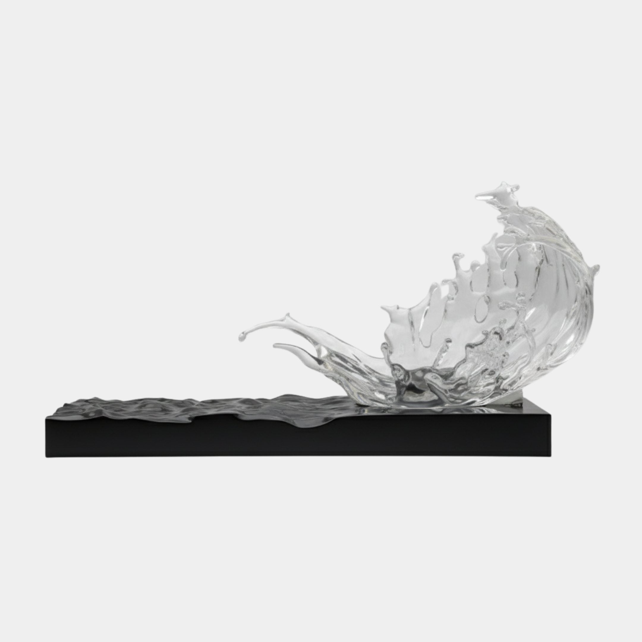 Clear resin cresting wave sculpture by Giant Sculptures, frozen mid-spray above a textured black sea base, shown from the side on a plain white background.