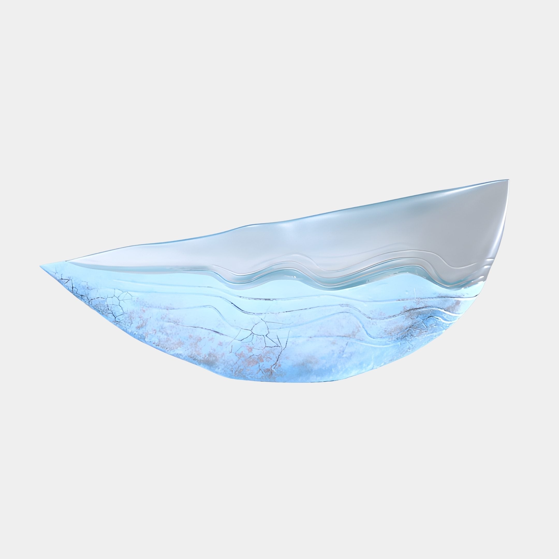 Blue Frosted Resin & Fiberglass Wave Sculpture 75cm by Giant Sculptures, a low crescent form with rippled translucent layers, shown on a plain background.
