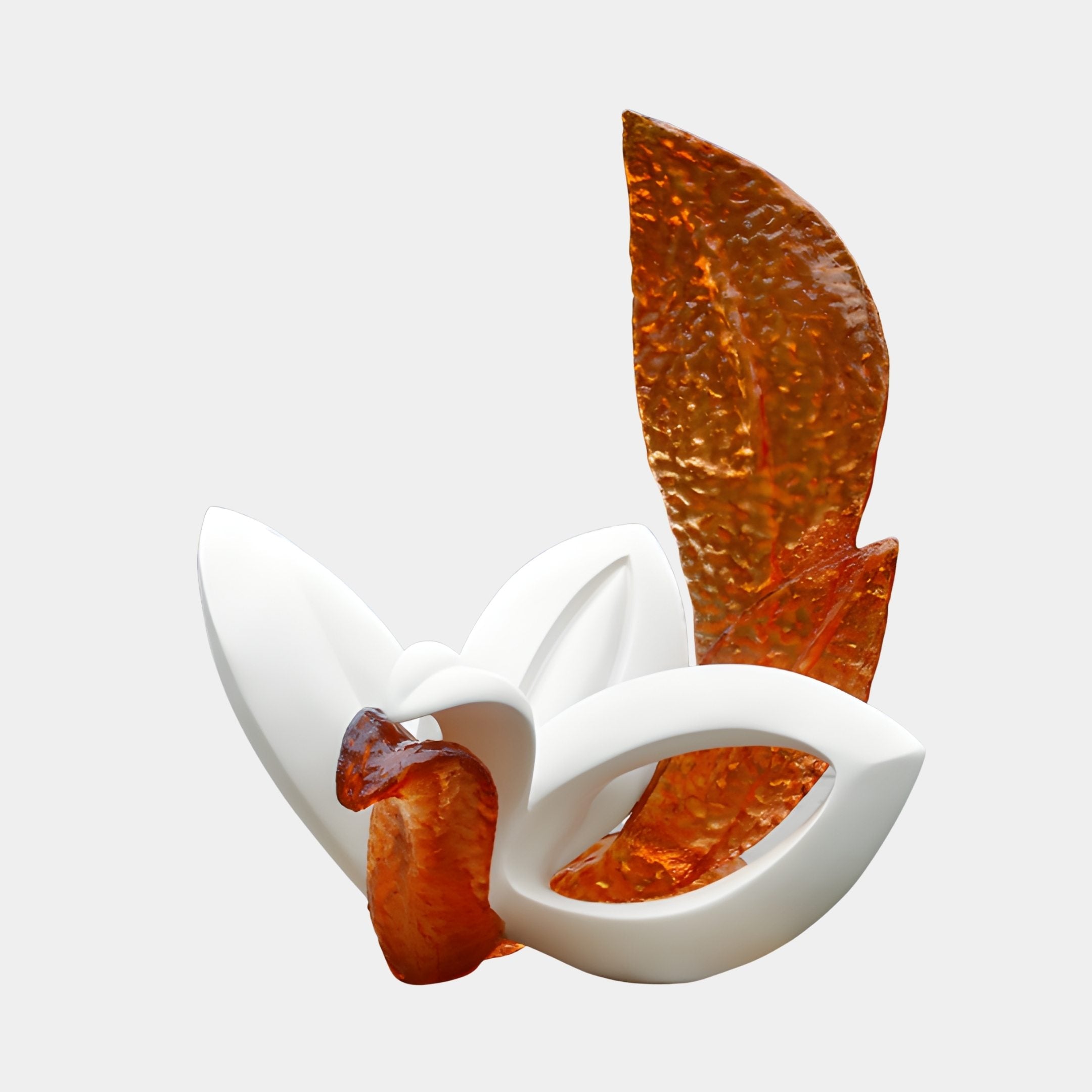 Giant Sculptures Amber Resin & White Swan Bloom Floral Sculpture 170cm with smooth white petals and a tall translucent amber leaf on a plain background.