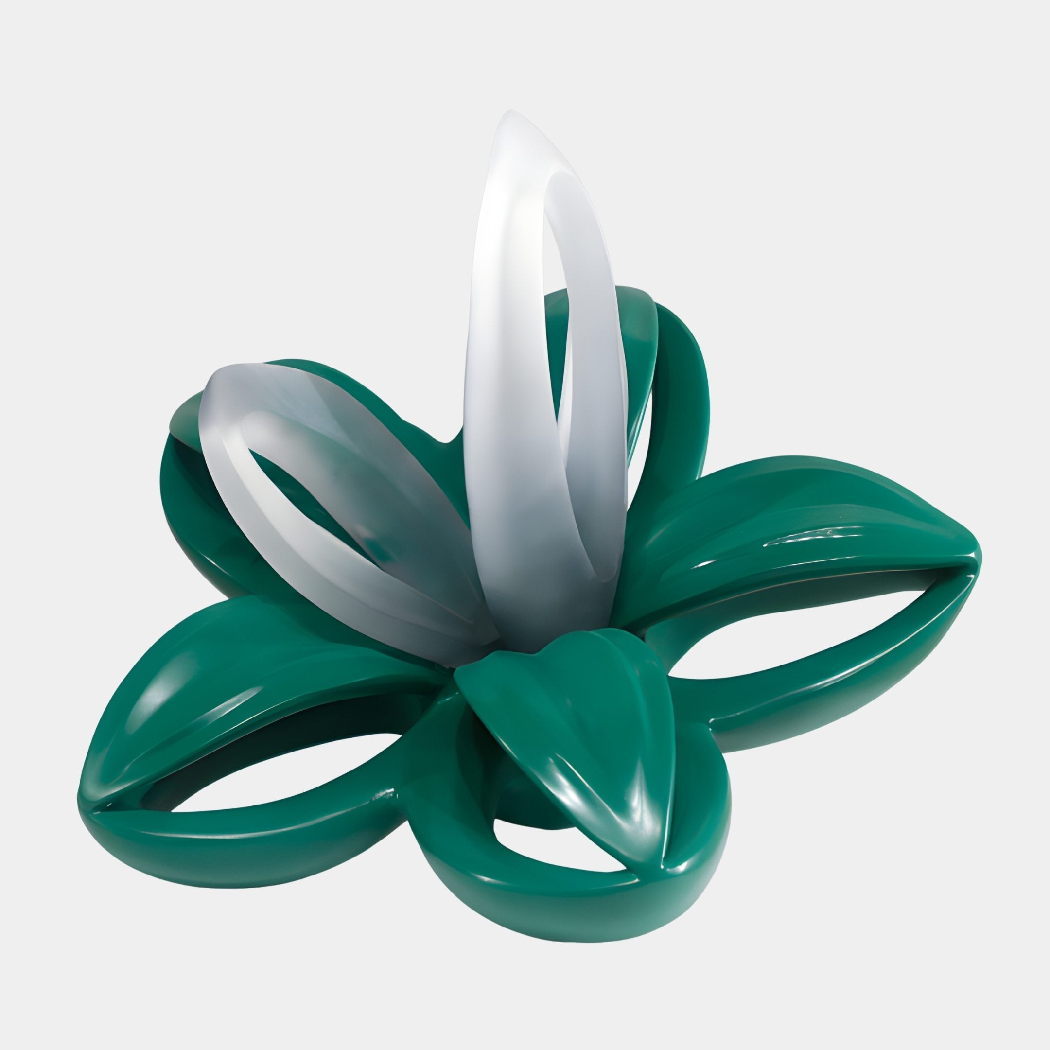 Teal and frosted white resin organic lily bloom sculpture by Giant Sculptures, with intertwined glossy green outer petals and white inner petals, on a plain background.