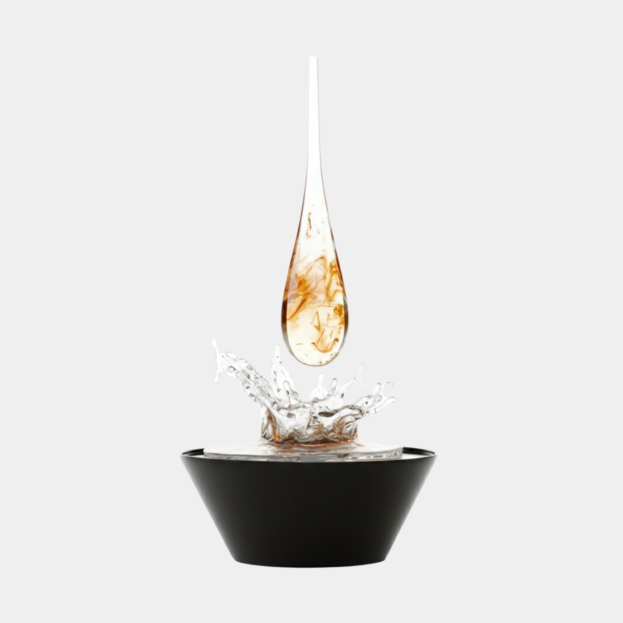 Amber Liquid Resin Floating Teardrop Splash Sculpture 160cm by Giant Sculptures, suspended honey-toned droplet above a silver splash crown and black bowl base.