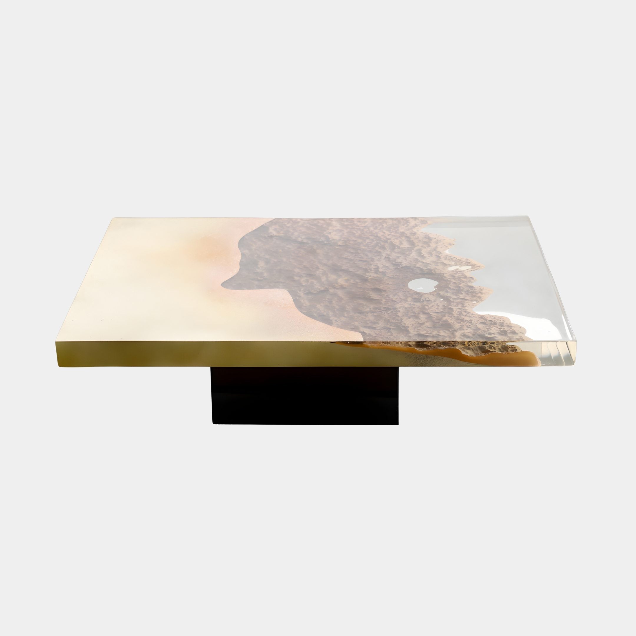 Brown Natural Clear Crystal Resin Floating Slab Table 95cm by Giant Sculptures, with earthy stone tones fading into clear resin on a dark recessed base.