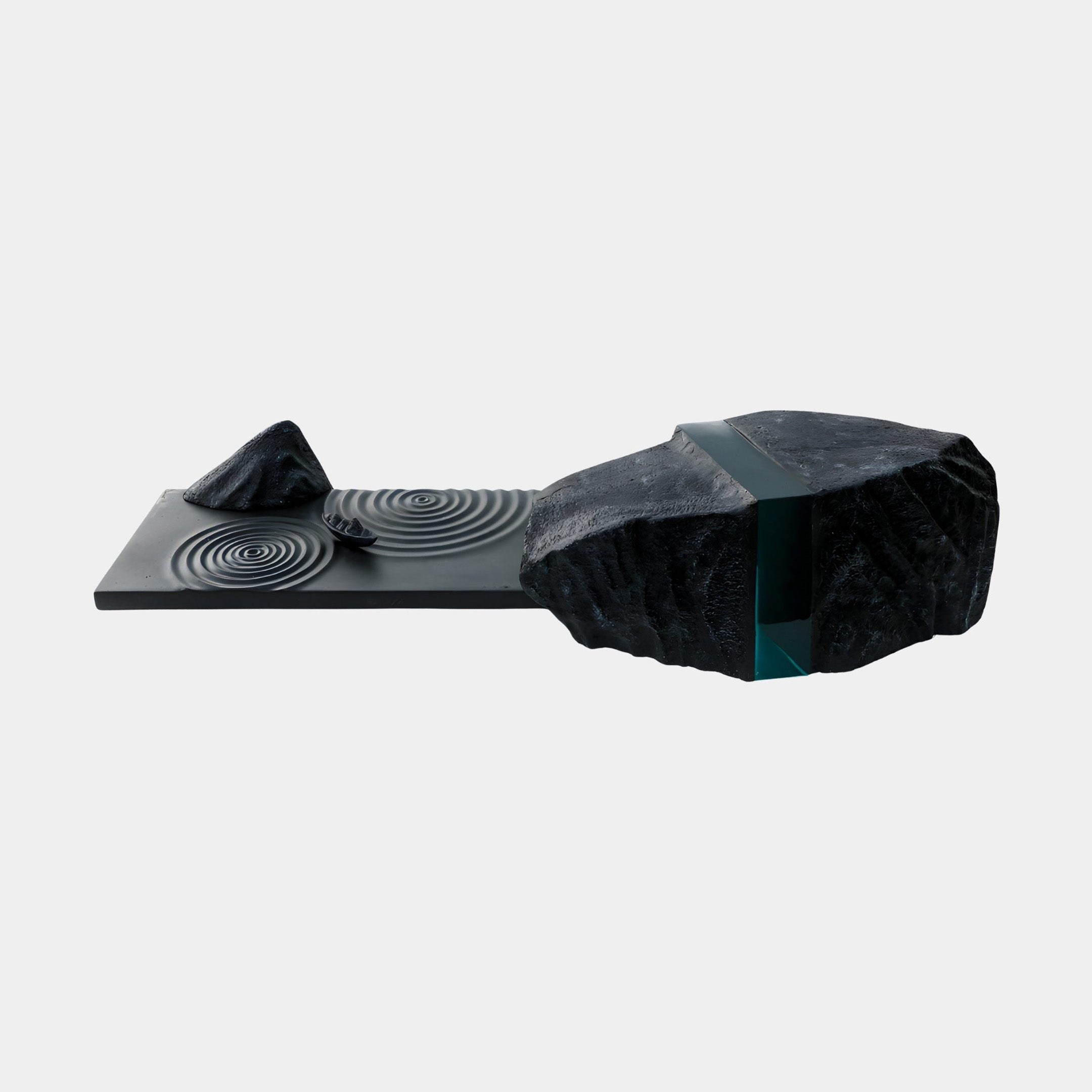 Giant Sculptures Black Rock with Ripple Texture Panel Sculpture 170cm, featuring a rugged stone form joined to a concentric ripple-carved panel with teal resin accents.