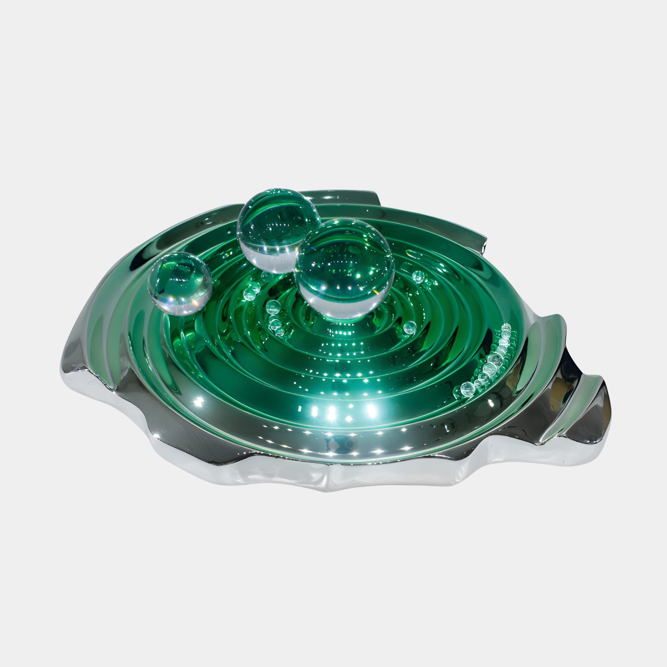 Emerald Green Resin Floating Spheres Ripple Disk Sculpture by Giant Sculptures, with a mirrored silver rim and three clear glass spheres on rippling green.