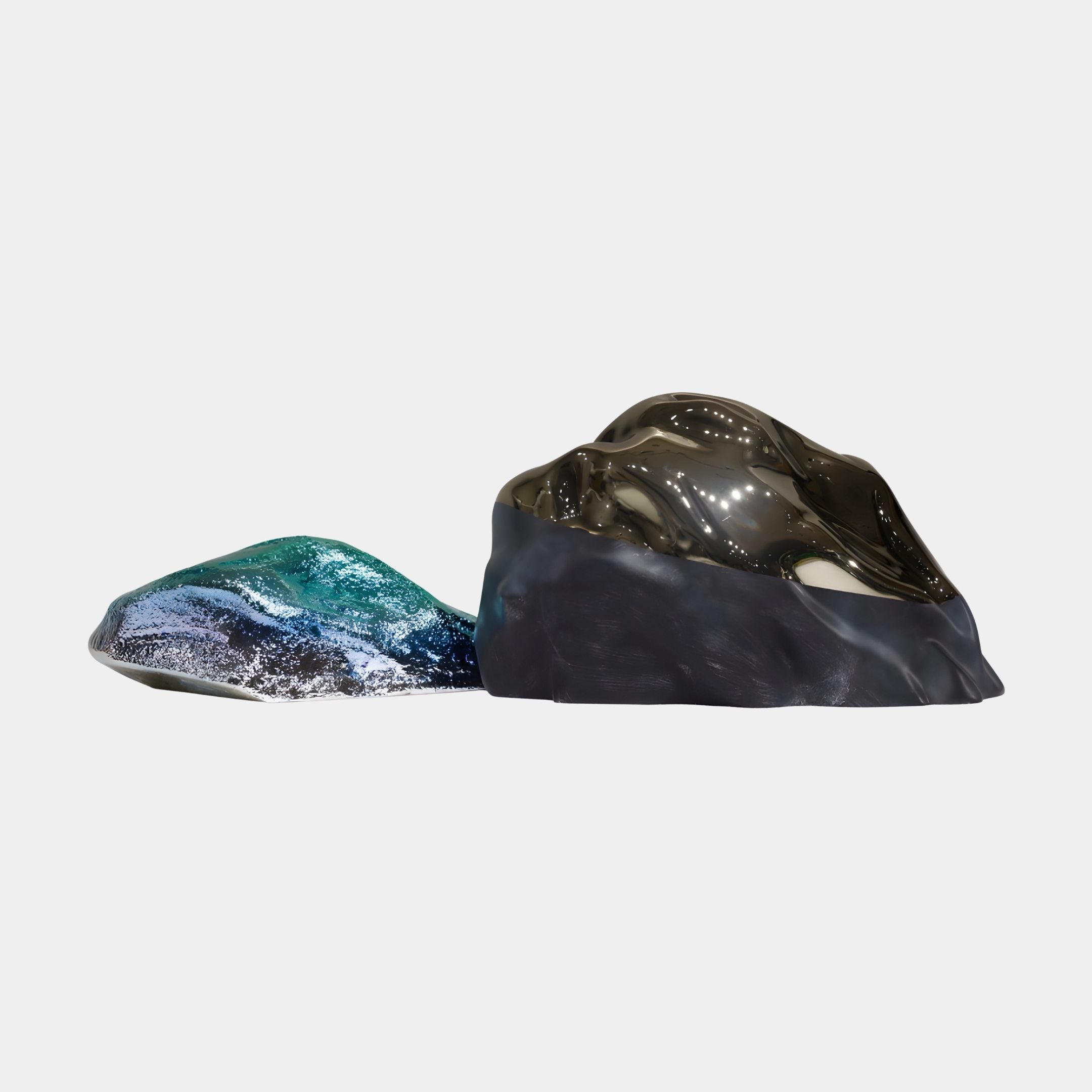 Gold & Teal Plated Black Fiberglass Rock Sculpture by Giant Sculptures, showing two organic rocks with metallic bronze and shimmering teal-blue finishes on white.