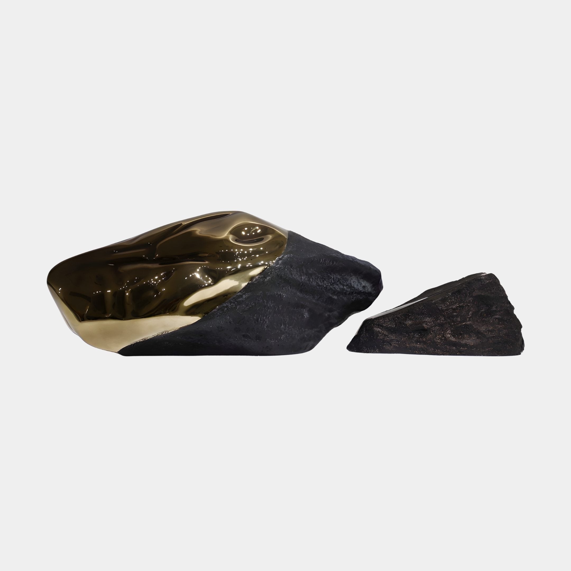 Gold Plated Abstract Black Fiberglass Rock Sculpture by Giant Sculptures, showing a larger rock with glossy gold-toned resin pool beside a smaller textured black rock on a plain background.
