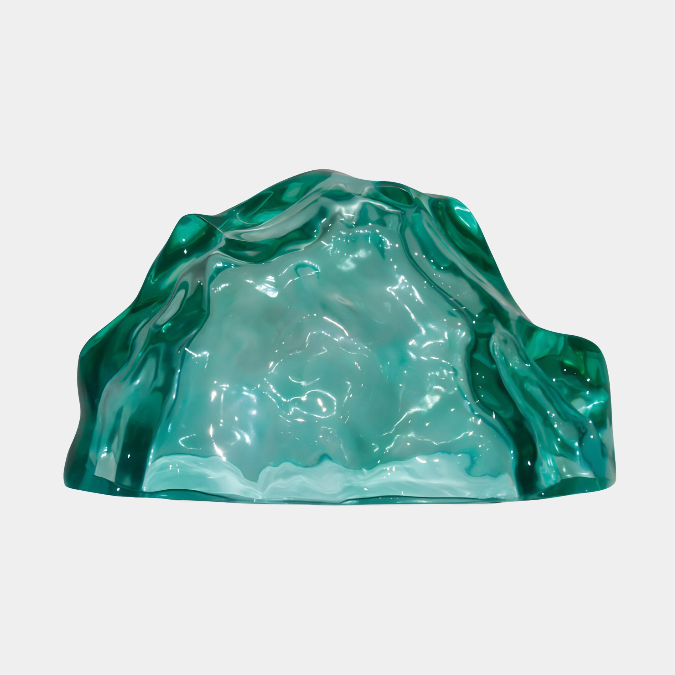 Teal Blue Clear Resin Rippled Mountain Sculpture by Giant Sculptures, a 50cm translucent landscape with flowing rippled peaks, shown on a plain white background.