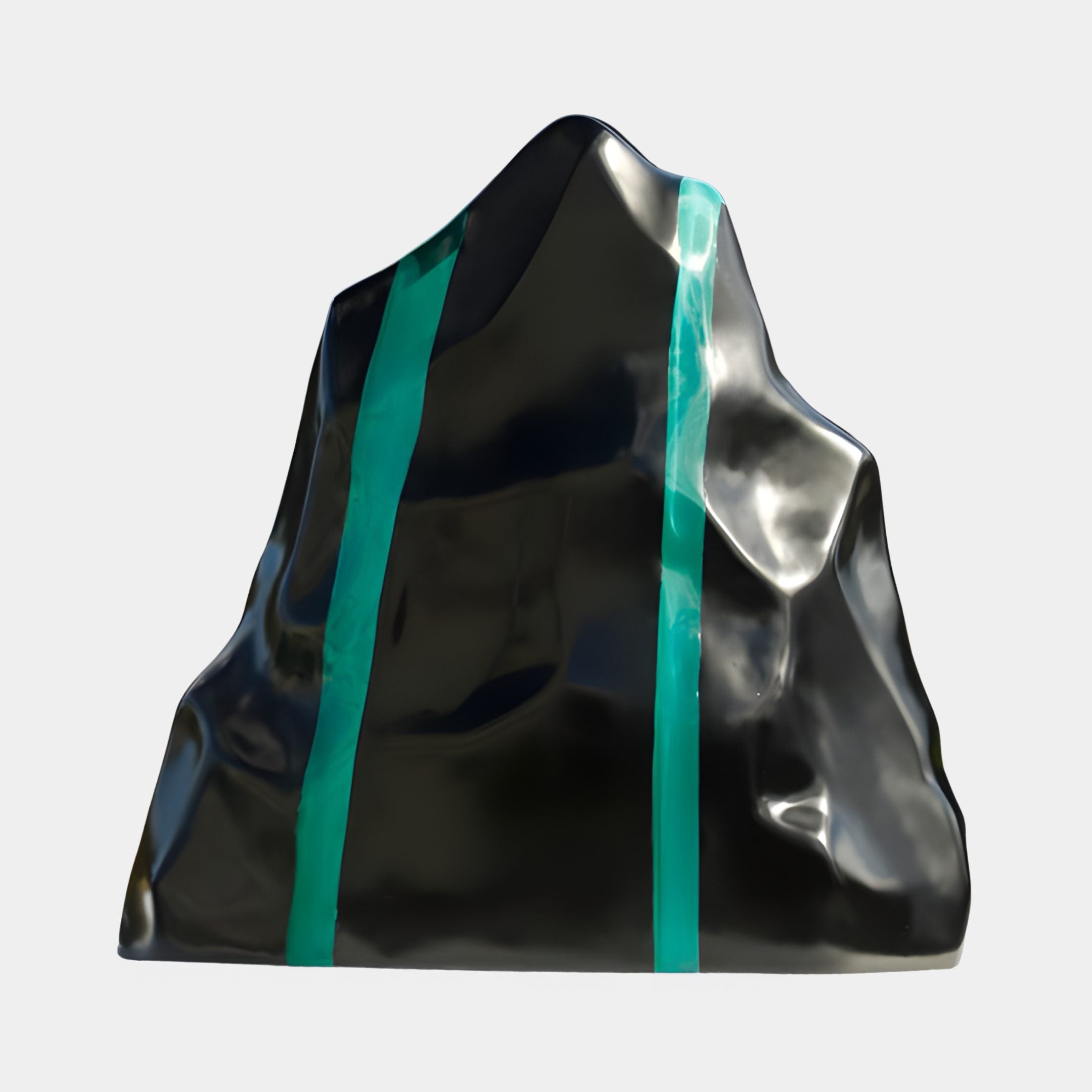 Giant Sculptures Teal Resin Inlay Landscape Block Sculpture in glossy black with two vertical translucent teal-green resin seams, shown against a plain background.