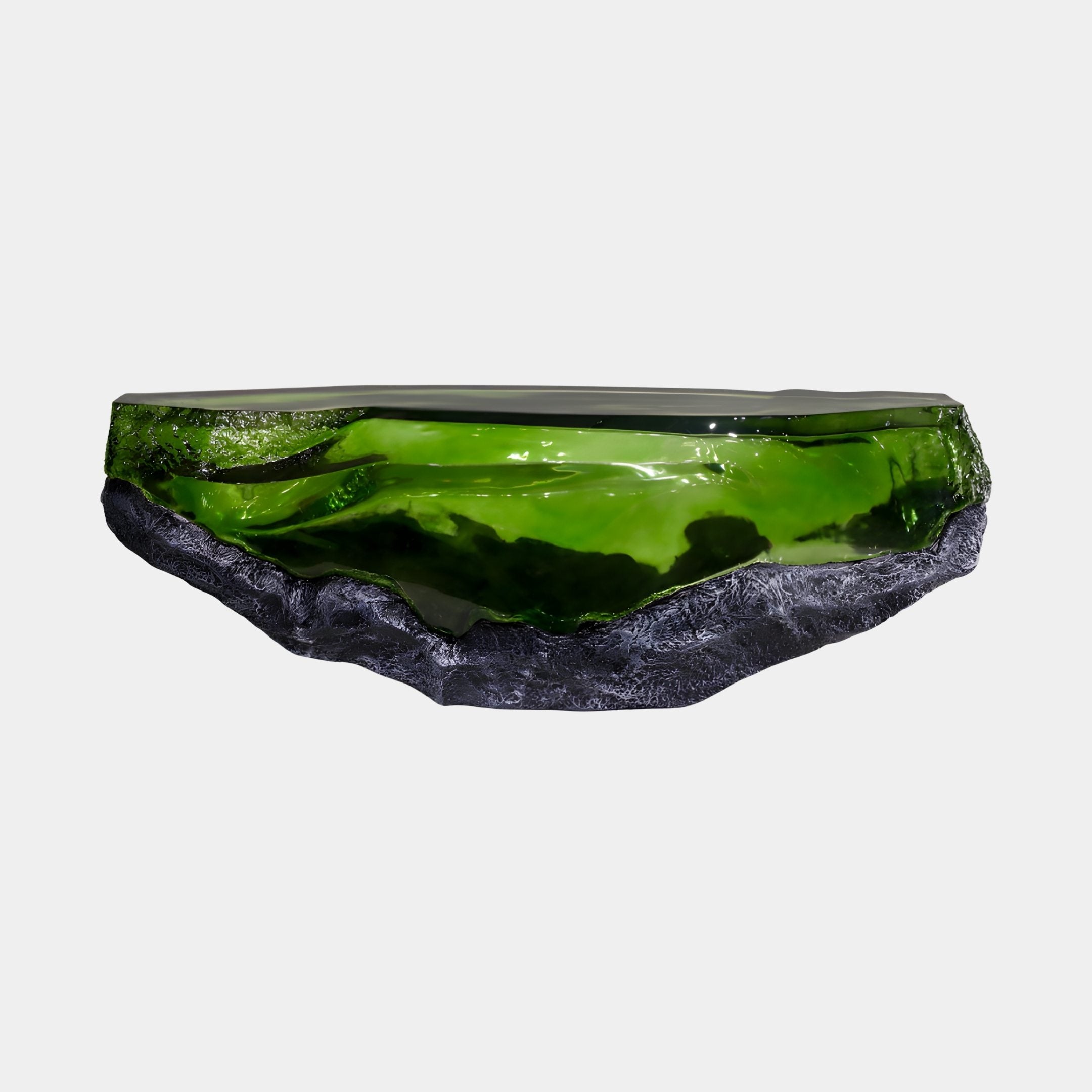 Giant Sculptures Translucent Green Resin Rippled Rock Sculpture 120cm, side view showing glossy emerald pool within a dark textured rock rim on a plain background.