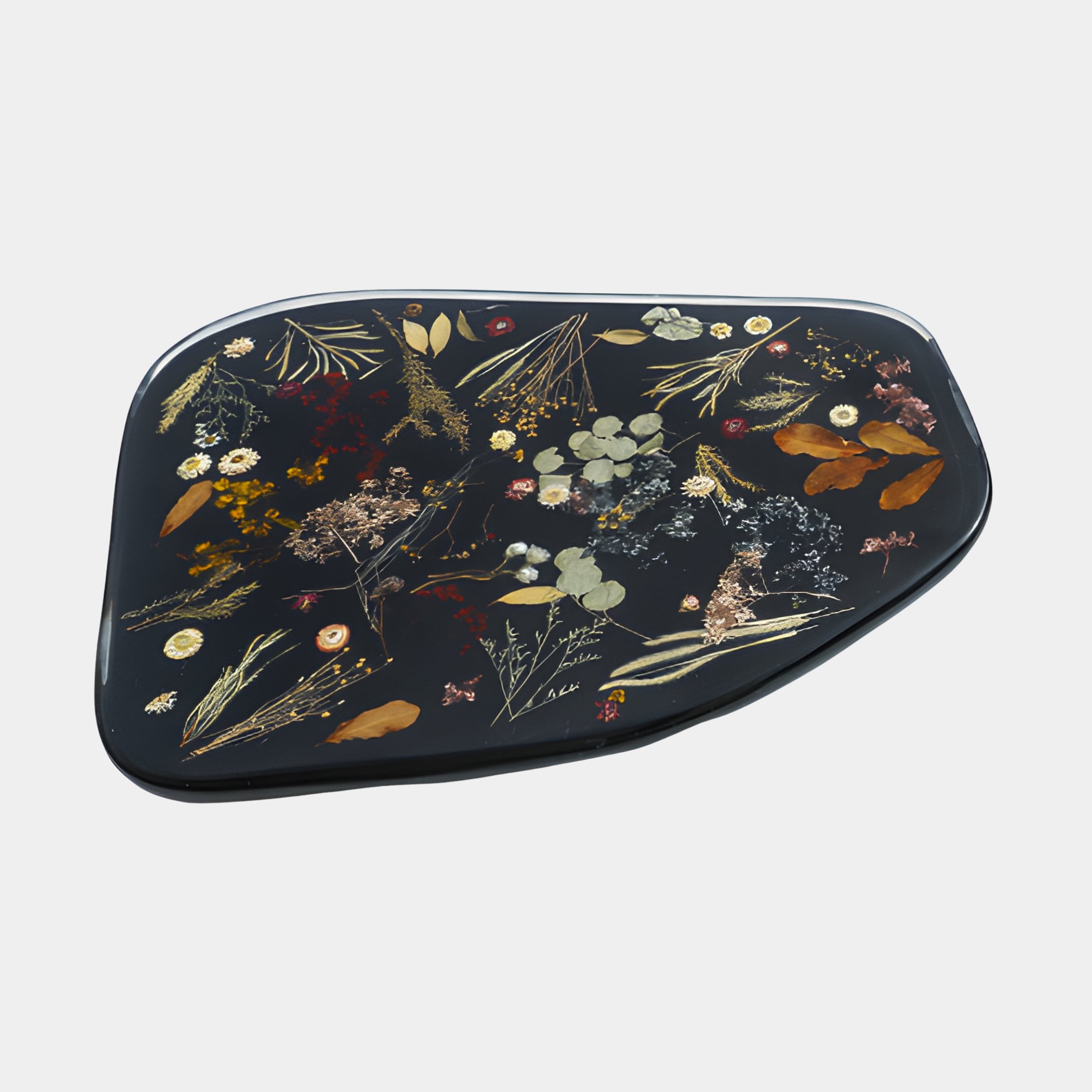 Midnight Botanical Resin Pressed Leaf Floating Platter 108cm by Giant Sculptures, an organic-shaped dark platter with pressed leaves and flowers, on white.