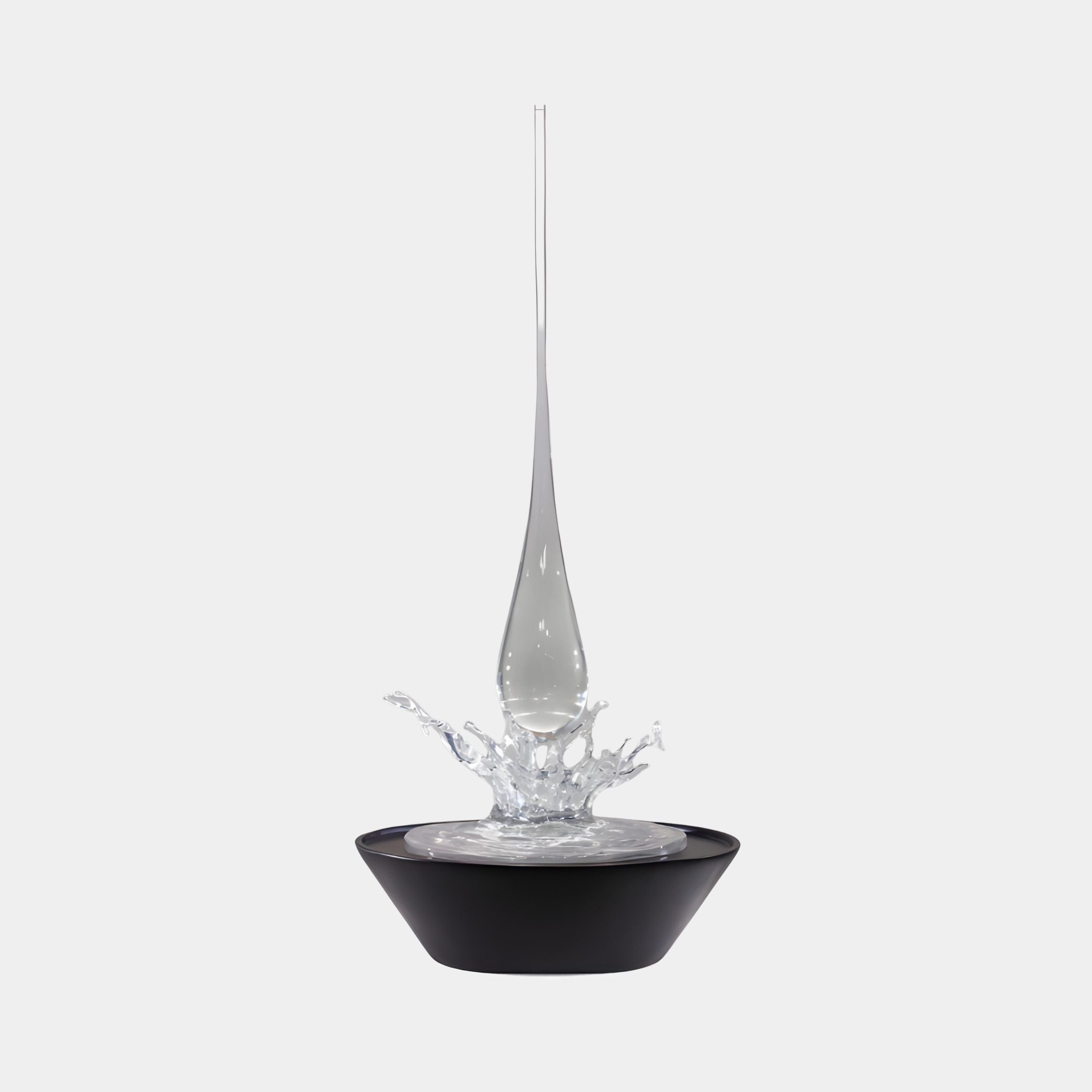 Giant Sculptures Clear Resin Teardrop & Black Basin Splash Sculpture, 135cm, with a suspended droplet above a splash crown on a glossy black basin.