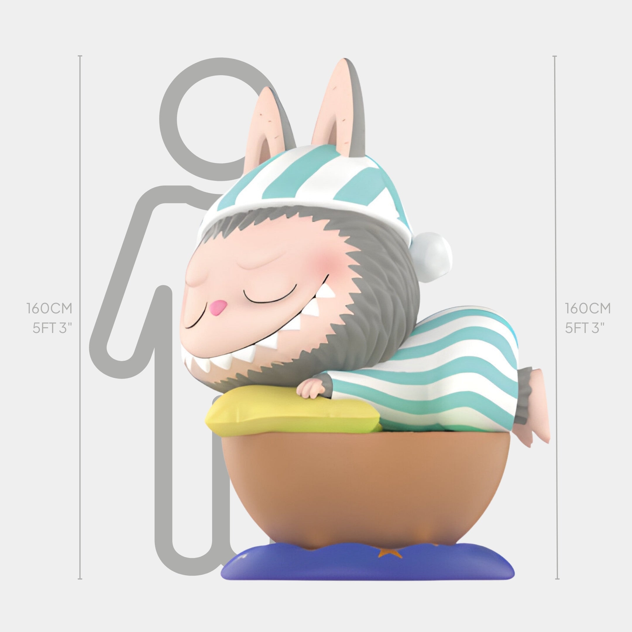 The Giant Sculptures Kiwi Fruit Labubu Sculpture - 160cm features a cute cartoon figure with bunny ears in striped pajamas, sleeping on a yellow pillow in a brown bowl, shown with a height chart and human silhouette for scale.