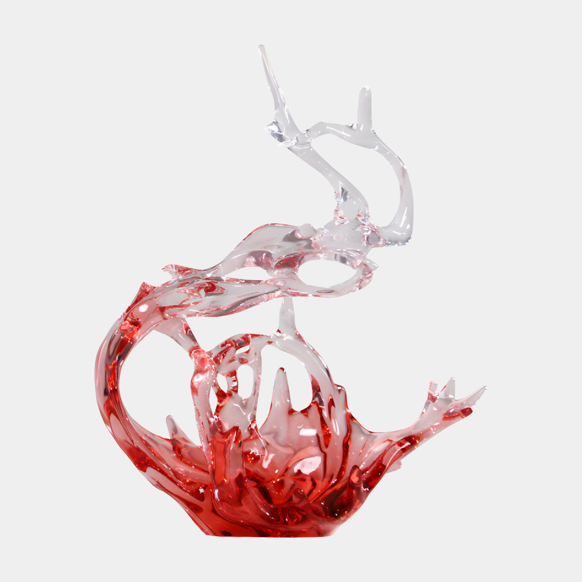 Red & Clear Looping Arm Splash Cast Resin Sculpture, 72cm, with a looping hoop and arching lattice fading from red at the base to clear above, on a plain white background.