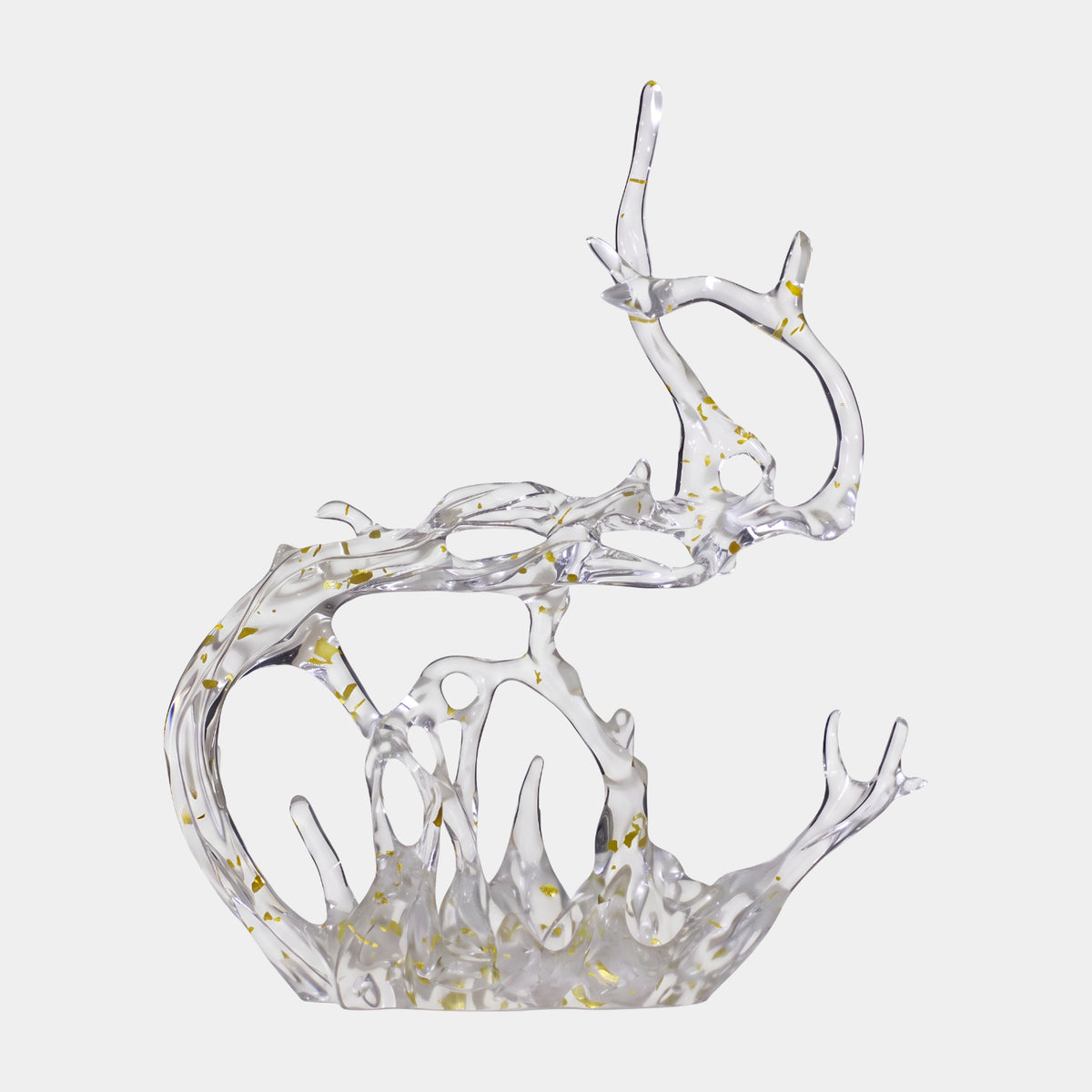 Clear Gold Fleck Looping Arm Splash Cast Resin Sculpture, 72cm, with a curved upright hoop and slim finger, gold flecks throughout, shown on a plain white background.