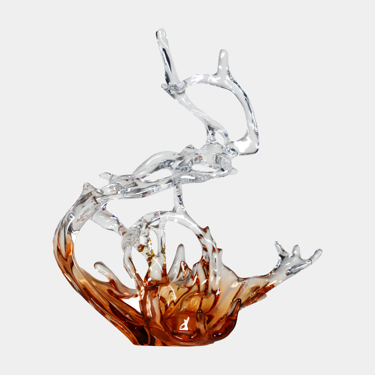 Cognac Amber & Clear Curling Splash Resin Sculpture - 81cm, wave-like resin piece rising from an amber pooled base into clear curling arms, on a plain white background.