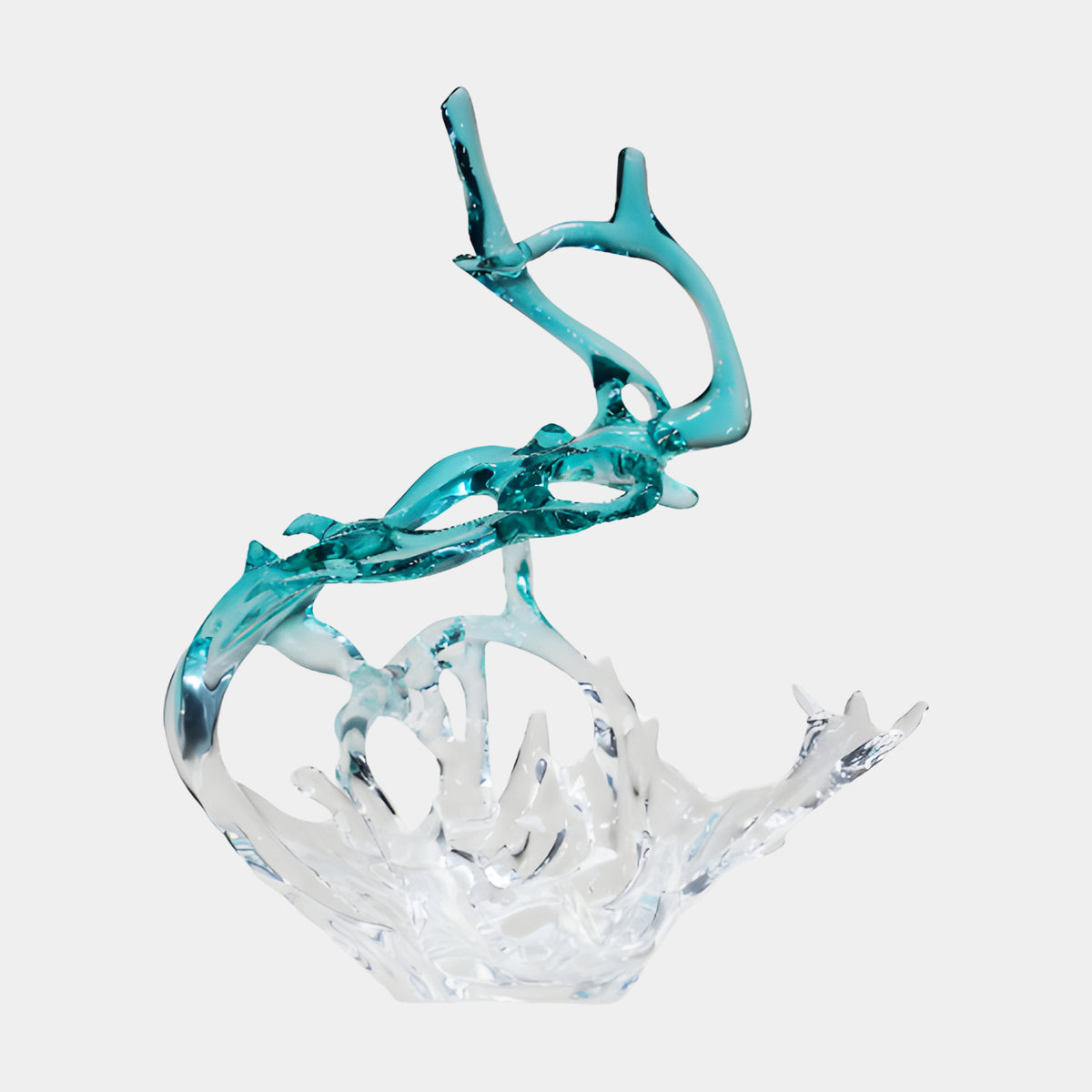 Clear & Teal-Topped Curling Splash Resin Sculpture, 81cm, with a clear wave base rising into a teal knotted loop, shown on a plain white background.