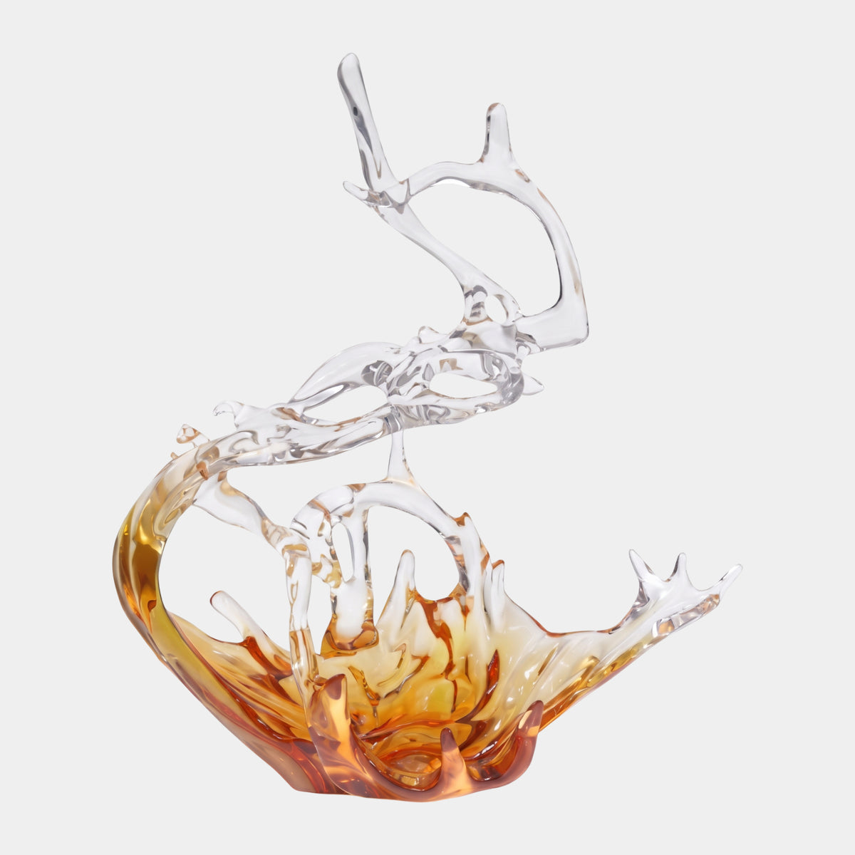 Honey Amber & Clear Curling Splash Resin Sculpture, 81cm, with a swept wave form shifting from amber base to clear looping arms, shown on a plain white background.