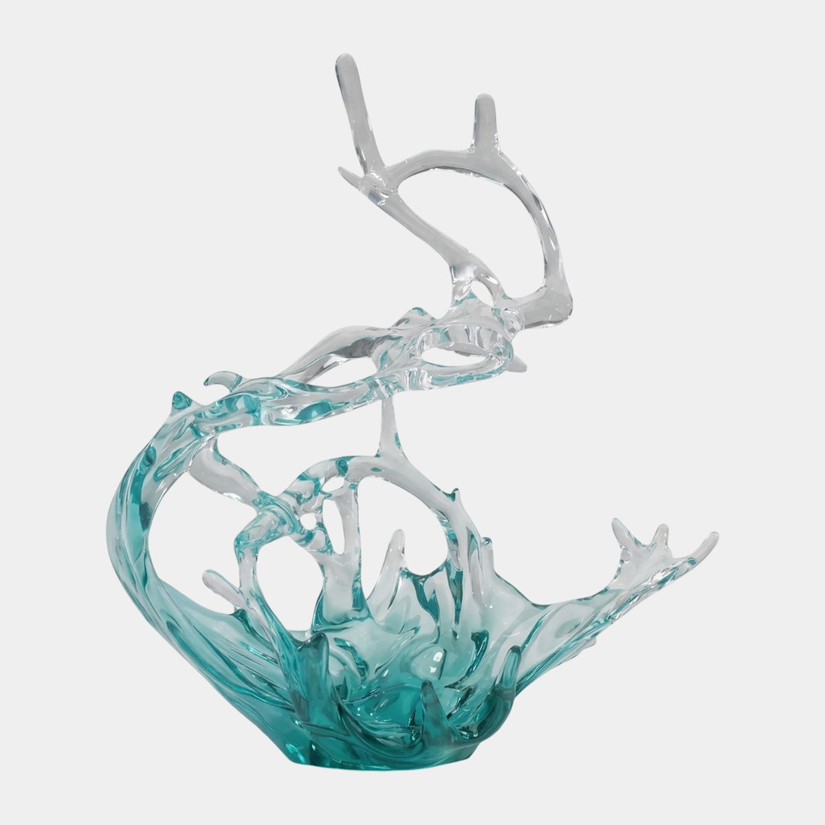 Aqua & Clear Curling Splash Resin Sculpture, 81cm, wave-form design fading from aqua to clear with branching arm and braided band, on a plain white background.