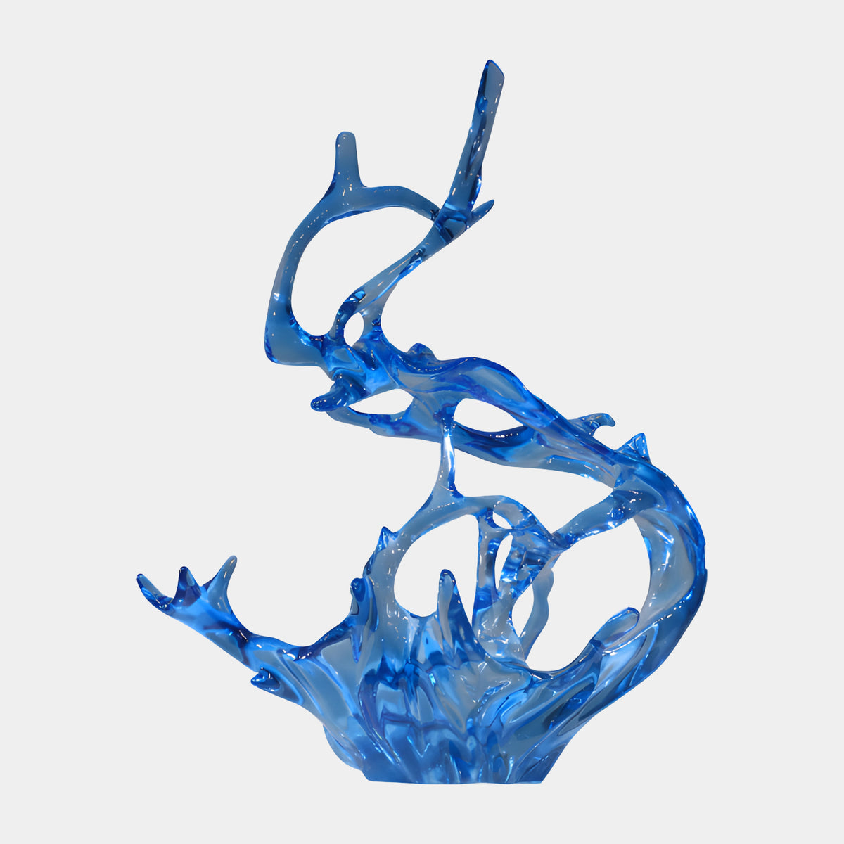 Cobalt Blue Curling Splash Resin Sculpture, 81cm, depicting a translucent wave-form with curling bands and spray on a light grey background.