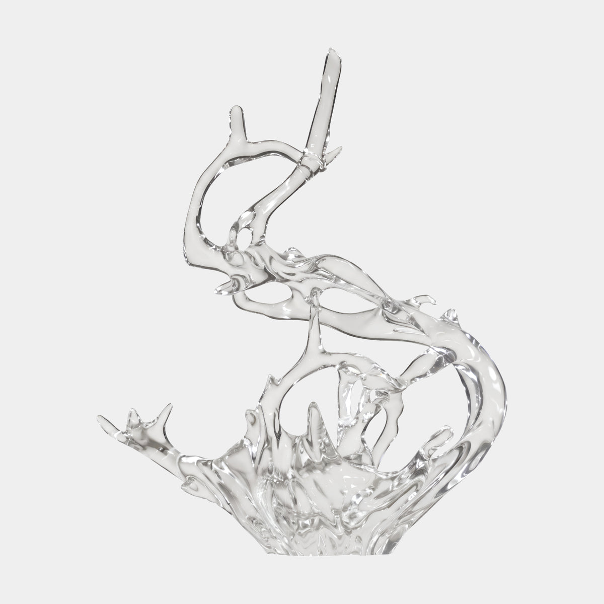 Clear Curling Splash Resin Sculpture - 81cm by Giant Sculptures, a clear wave-like form with a jagged crown-point base and looping arm rising to twin tips, shown on a plain white background.