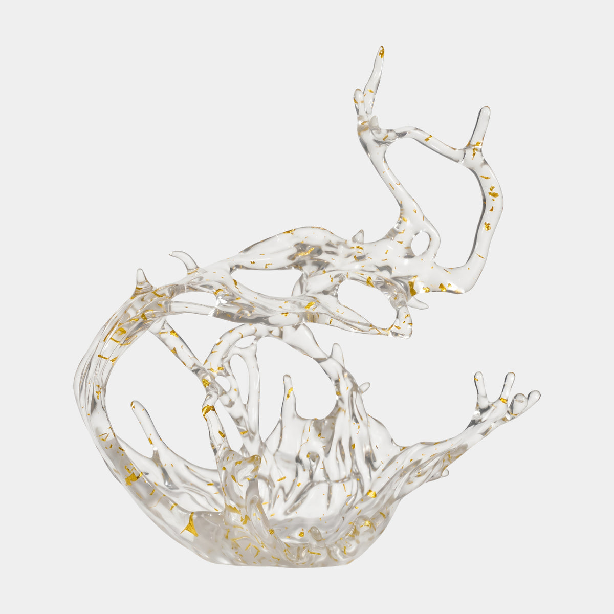 Clear Gold Fleck Arched Arm Splash Cast Resin Sculpture - 55cm, an organic wave-like form with gold flecks throughout, shown on a plain white background.