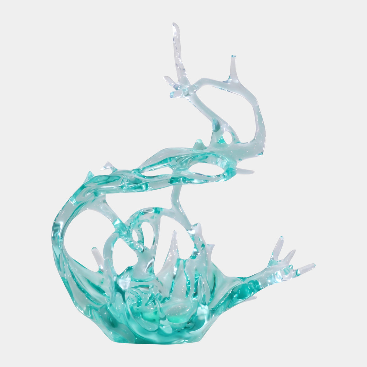 Pale Aqua Splash & Branching Crest Resin Sculpture, 102cm, with spiky basin, looped cage, and antler-like crest, shown on a plain white background.