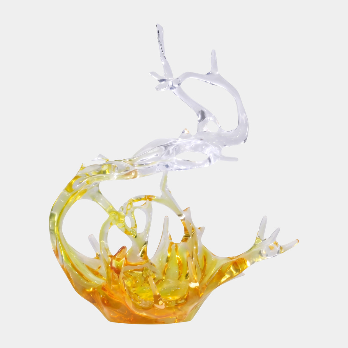 Golden Yellow Splash & Clear Branching Crest Resin Sculpture, 102cm, with amber-to-lemon wave base and clear branching crest, on a plain white background.