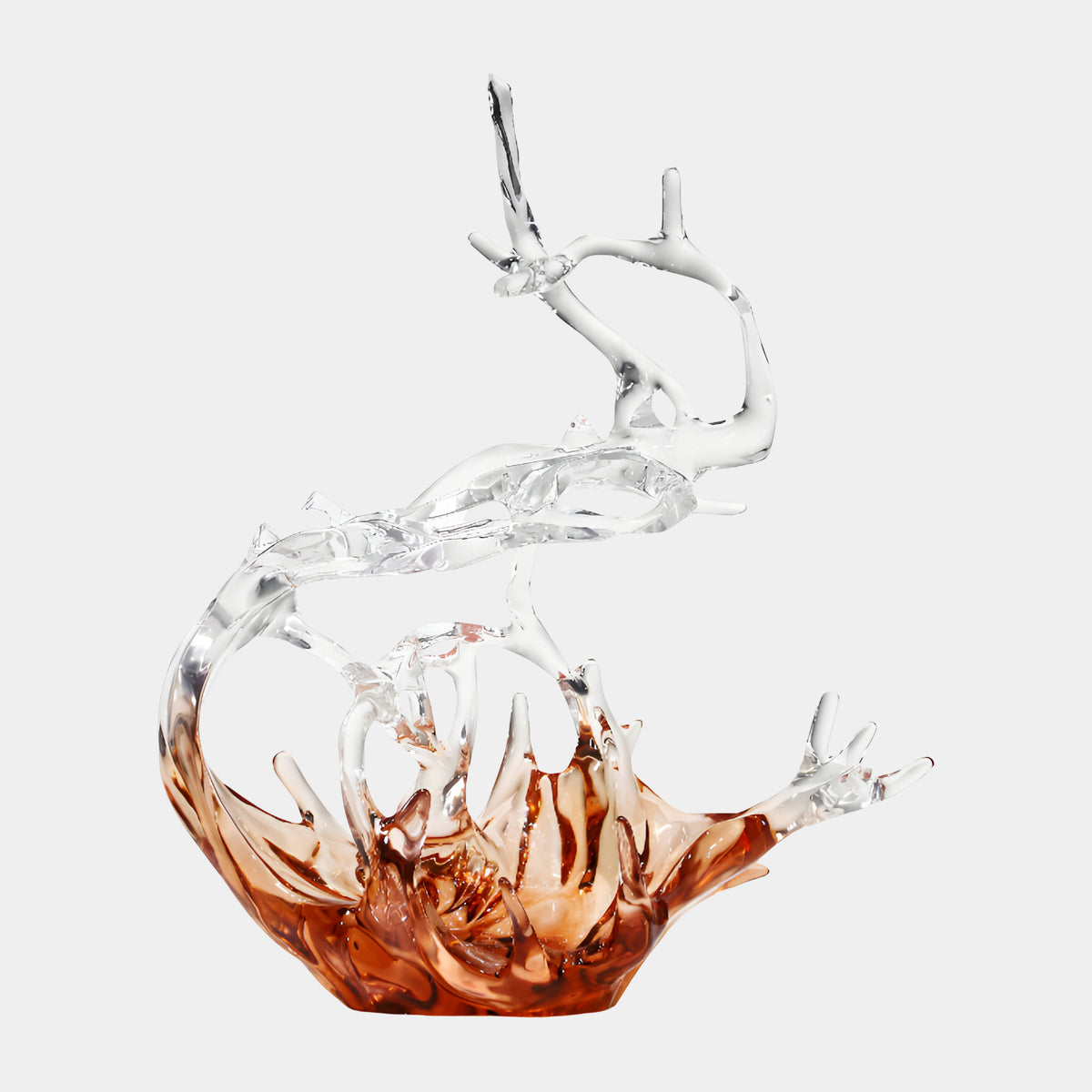 Burnt Orange Splash & Clear Branching Crest Resin Sculpture, 102cm, with a rust-to-peach wave base and clear branching crest above, on a plain white background.