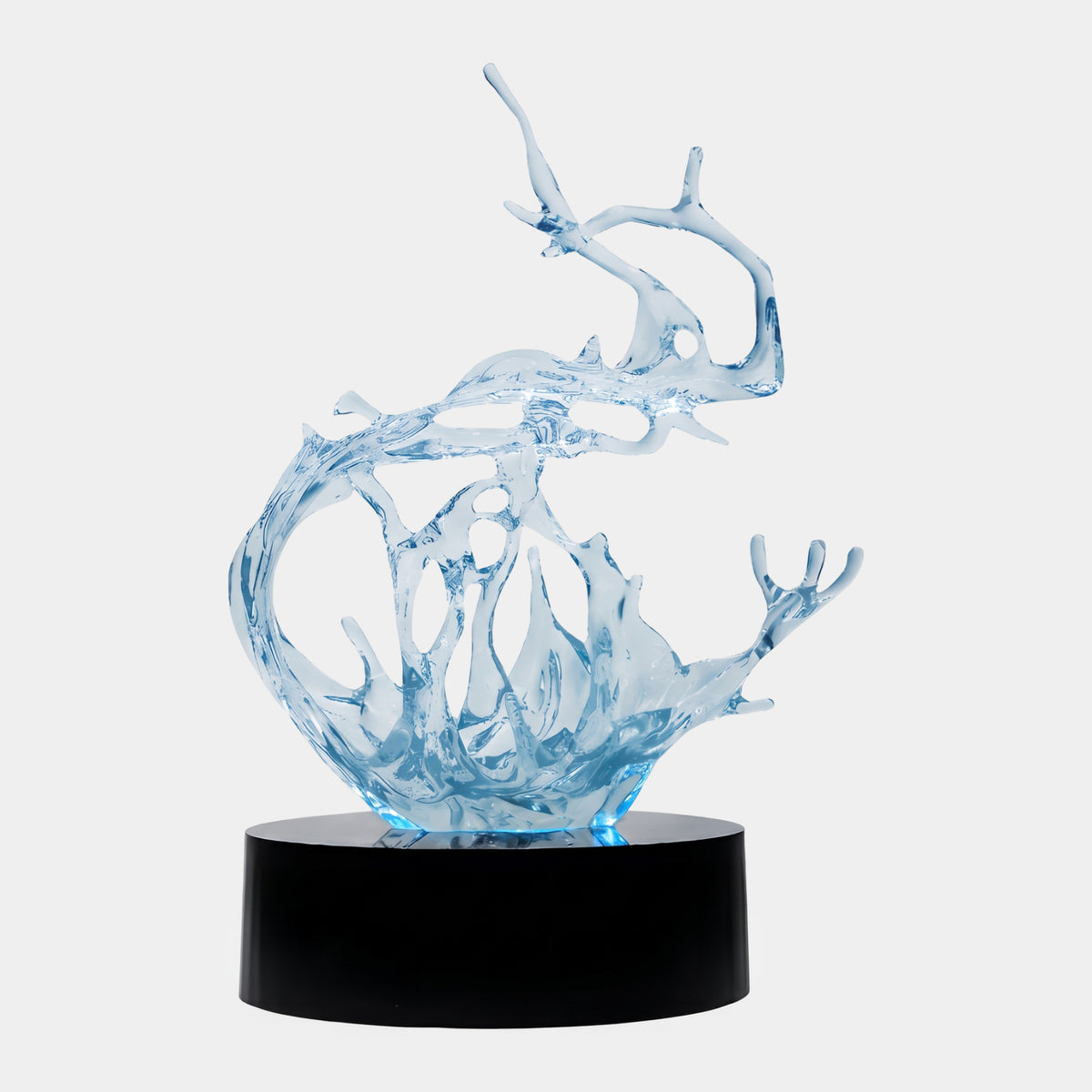 Ice Blue Reaching Splash Cast Resin Sculpture, 144cm, with an antler-like crest and curling wing on a black marble base, shown against a plain light background.