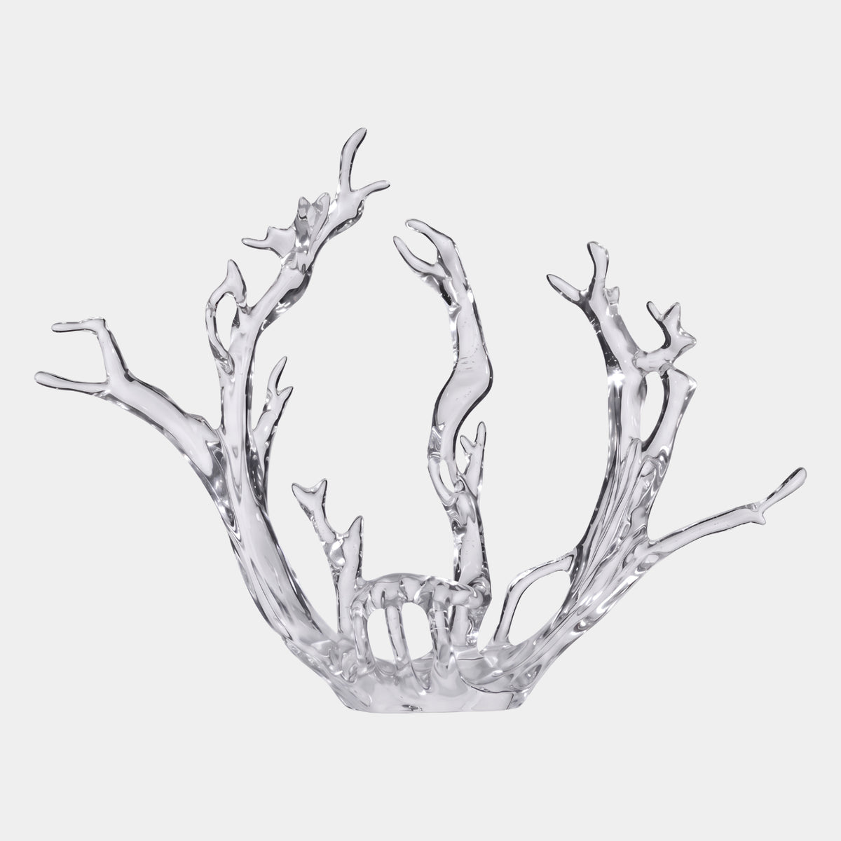 Clear Forked Branch Splash Resin Sculpture - 105cm, a translucent branching form with forked twig ends rising from a low cup base, shown on a plain white background.