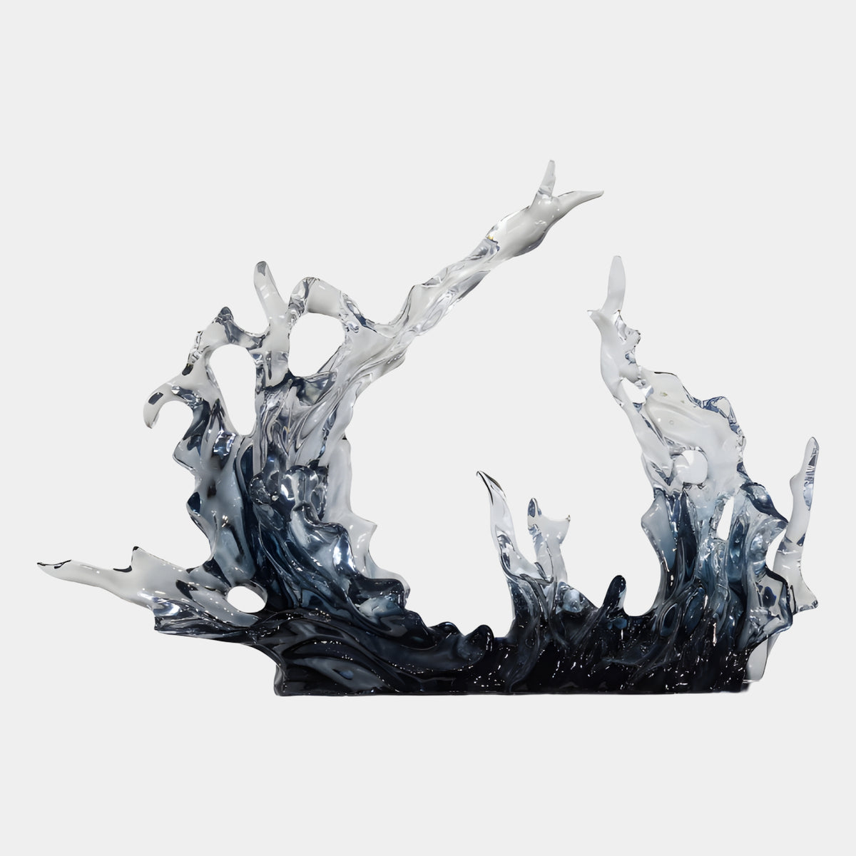 Charcoal & Clear Low Wide Splash Cast Resin Sculpture, 68cm, depicting a wave surging upward at both ends with dark charcoal base fading to clear peaks, shown on a plain white background.