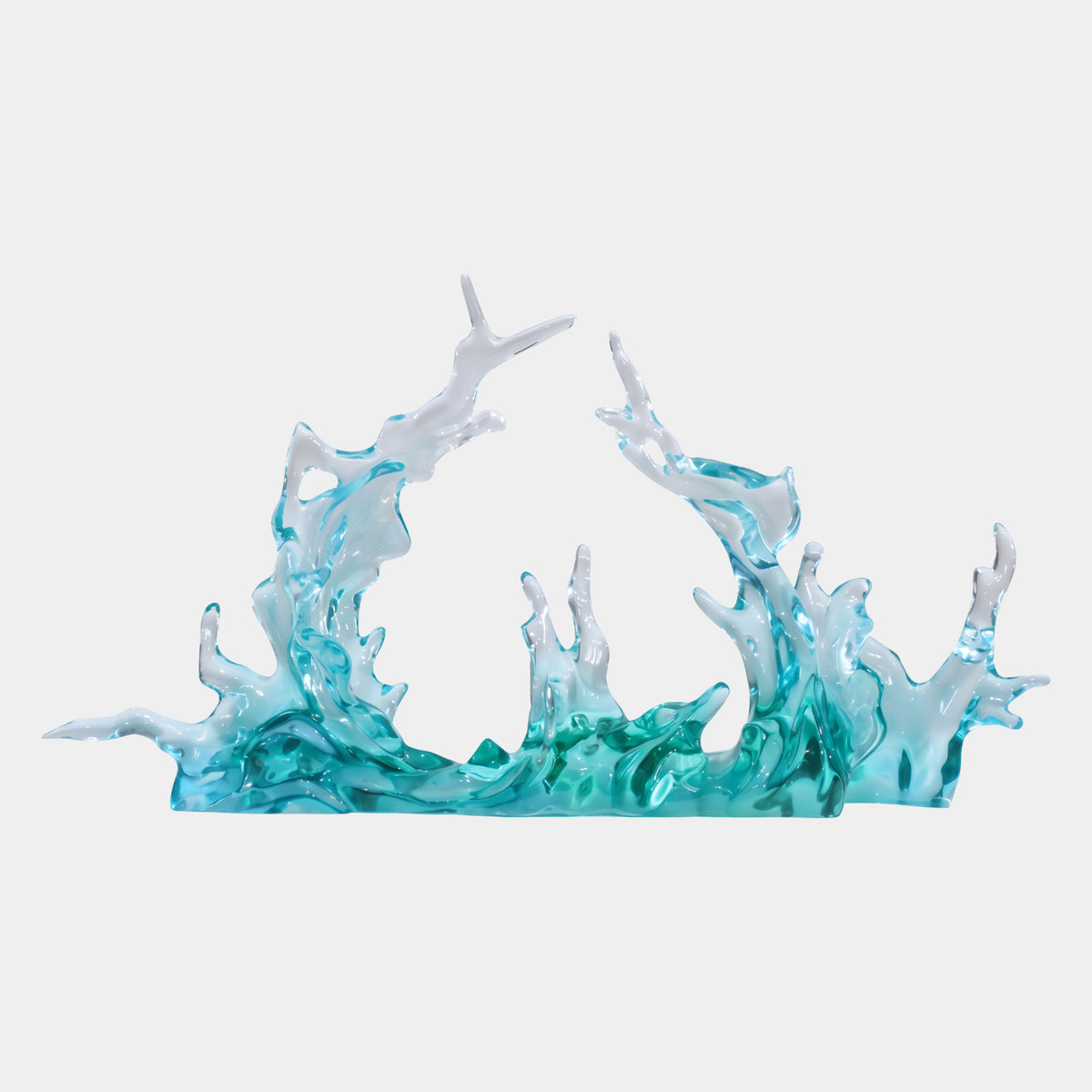 Aqua & Clear Twin Crest Wave Cast Resin Sculpture - 105cm, two turquoise and clear wave crests rising and curling toward each other on a flat base, shown against a plain white background.