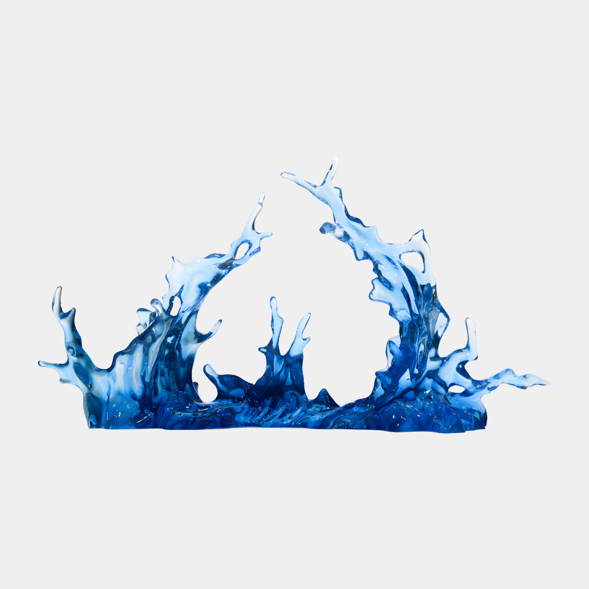 Deep Blue Twin Crest & Spire Wave Resin Sculpture, 120cm, with two uneven crests and a central spire, dark navy base lightening to pale blue tips, on a plain white background.