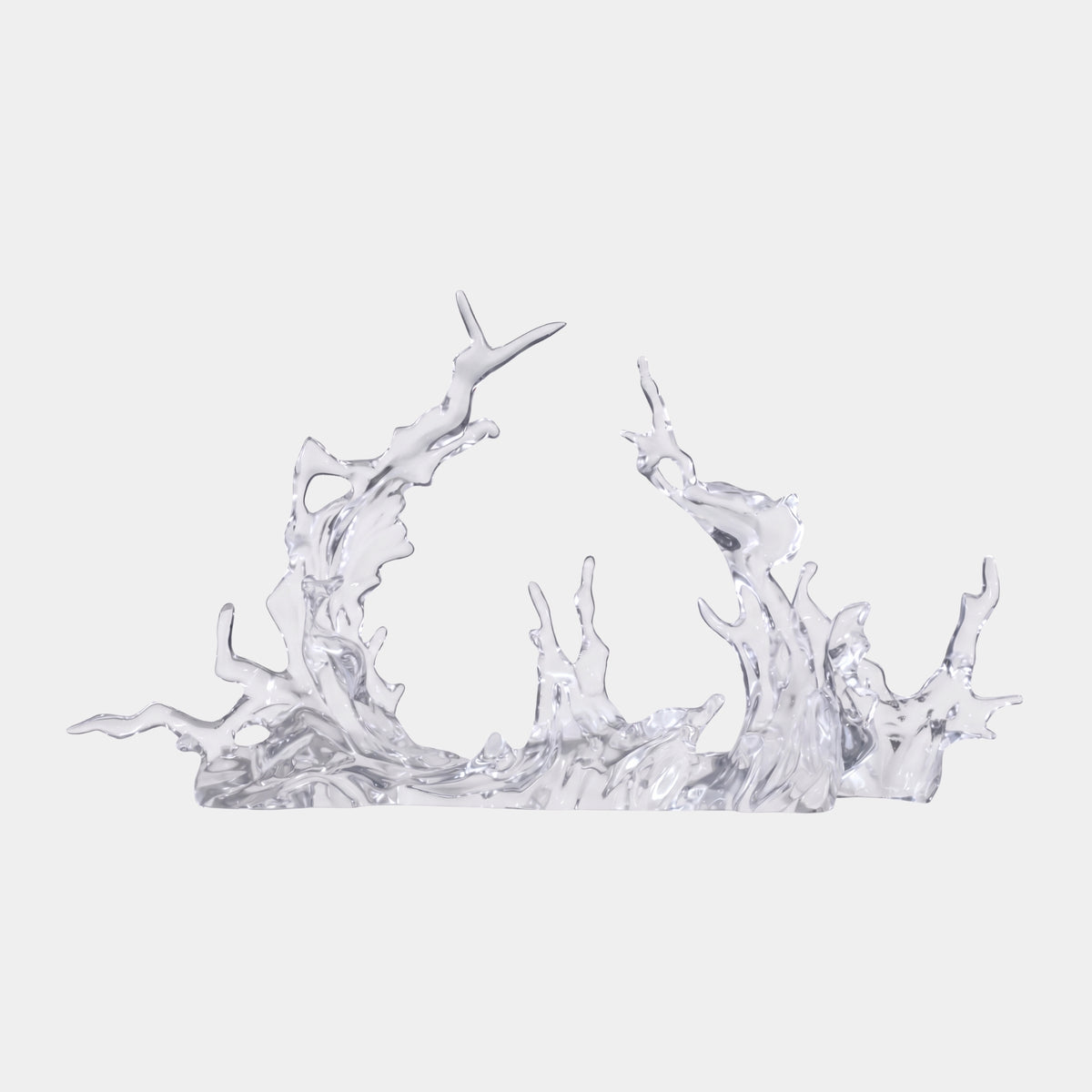 Water-Clear Twin Crest & Spire Wave Resin Sculpture, 120cm, clear cast resin waves curving upward with pronged crests, on a plain white background.