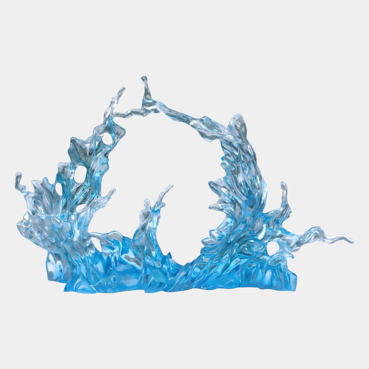 Blue & Clear Arching Twin Crest Wave Resin Sculpture, 180cm, with two spray-tipped crests arching into an open ring over a sky-blue swell, shown on a plain white background.