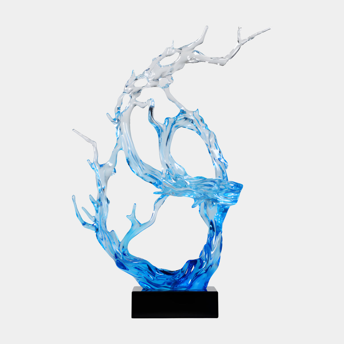 Blue to Clear Leaning Arch Cast Resin Sculpture - 70cm, a branch-like form fading from blue to clear on a black marble base, shown against a plain white background.
