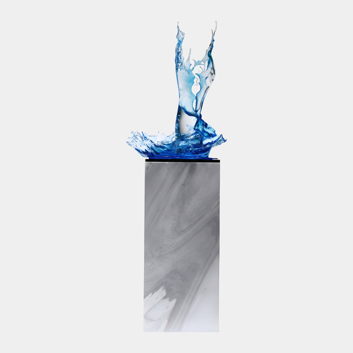 Blue & Clear Forked Splash on Marble Plinth Resin Sculpture, 171cm, with a forked wave rising from a spray ring on a grey marble plinth, plain white background.