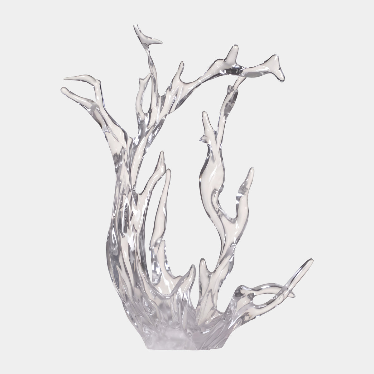 Clear Dividing Splash Cast Resin Sculpture - 74cm, colourless branching wave form with forked pointed tips on a round base, plain light grey background.