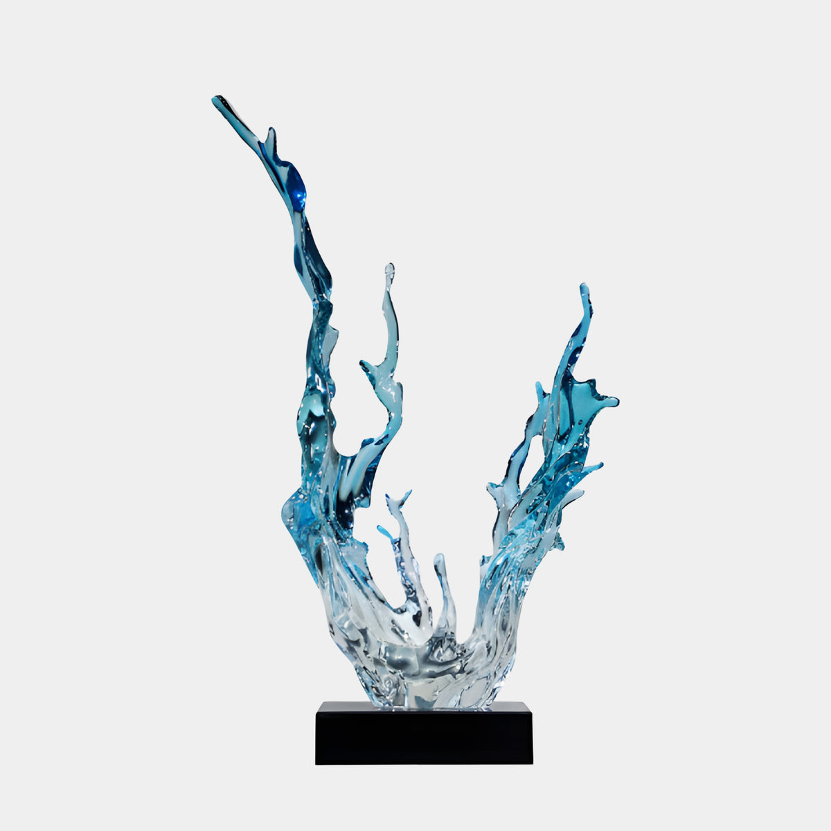 Blue & Clear Twin Arm Open V Splash Resin Sculpture - 70cm, wave-form arms rising from a black rectangular base on a plain light grey background.