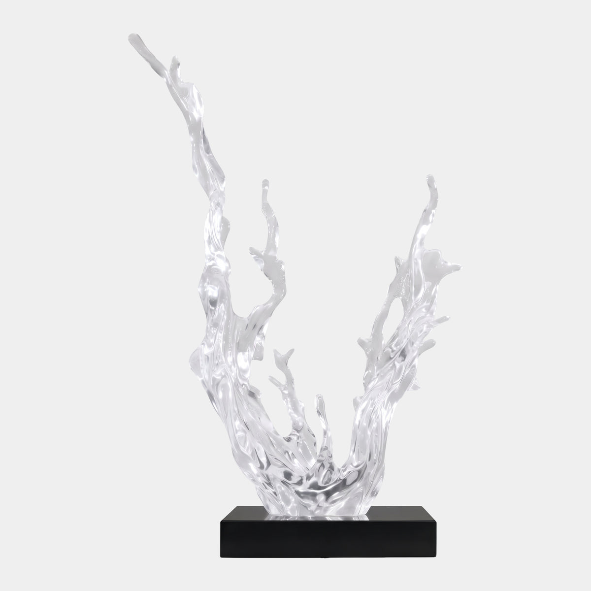 Clear Twin Arm Wide V Splash Resin Sculpture, 70cm, with two sinuous arms rising from a low splash on a black base, set against a plain white background.