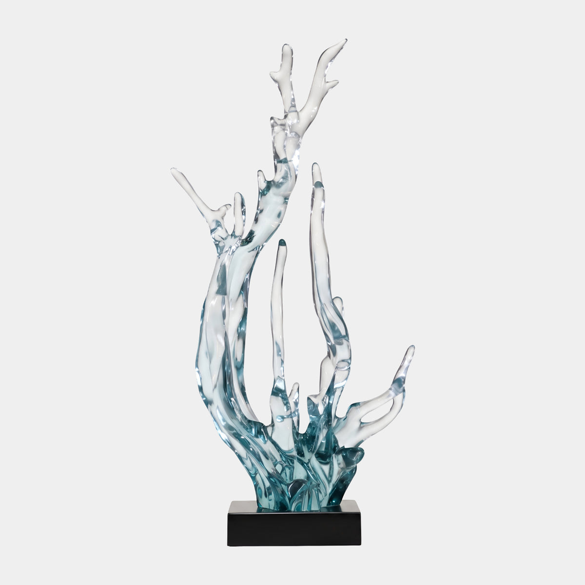 Blue Branching Splash Column Resin Sculpture, 100cm, with aqua-blue base fading to clear branching tips, set on a black rectangular stand against a plain light grey background.